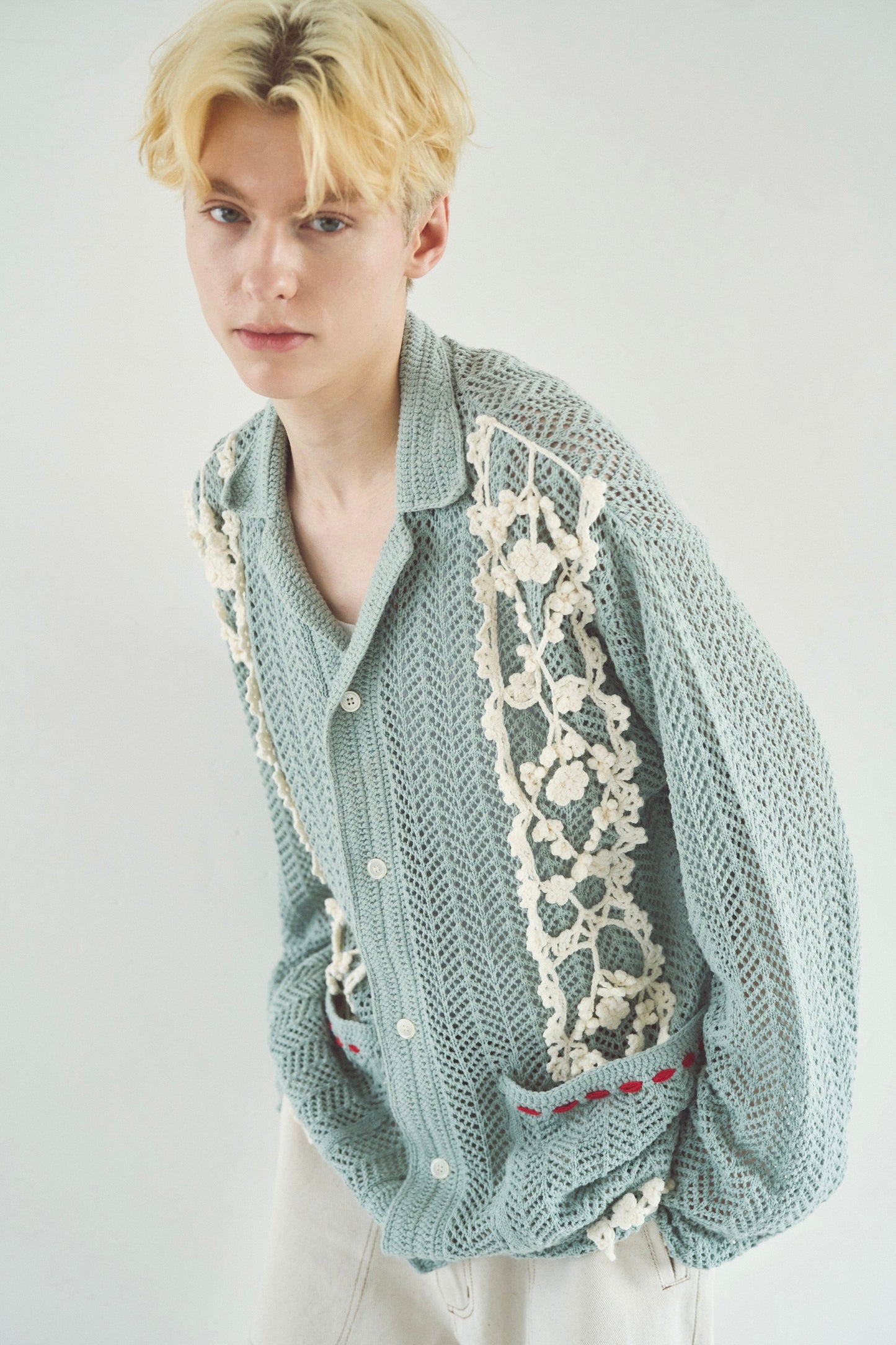hand knit flower line Cuba shirt cardigan