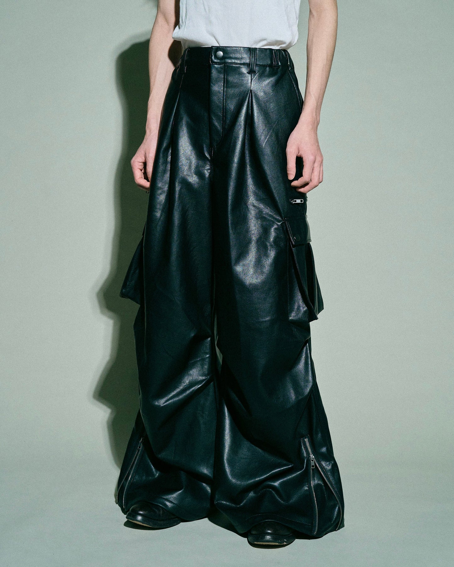 wide baggy faux leather parachute cargo trouser