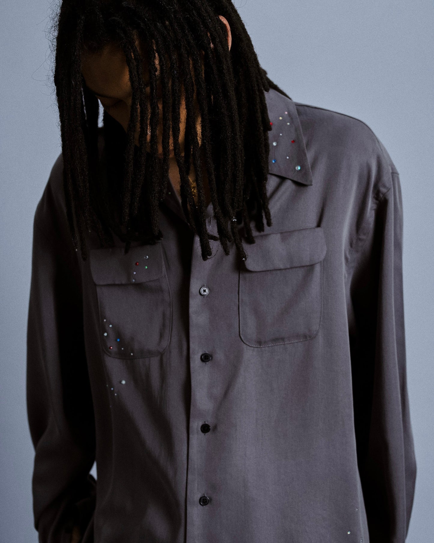 rhinestone rayon open collar l/s shirt