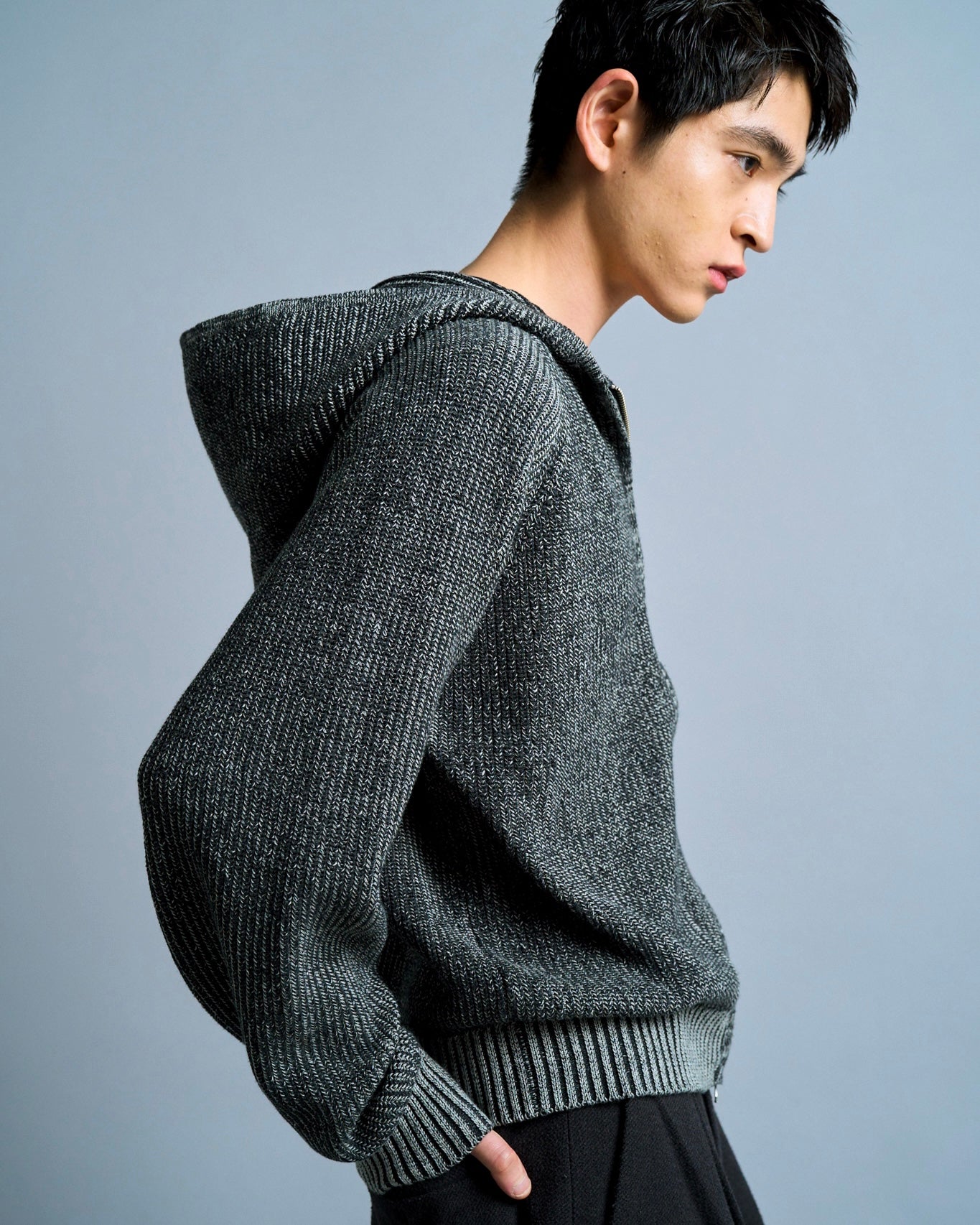 double zip mix yarn knit hoodie