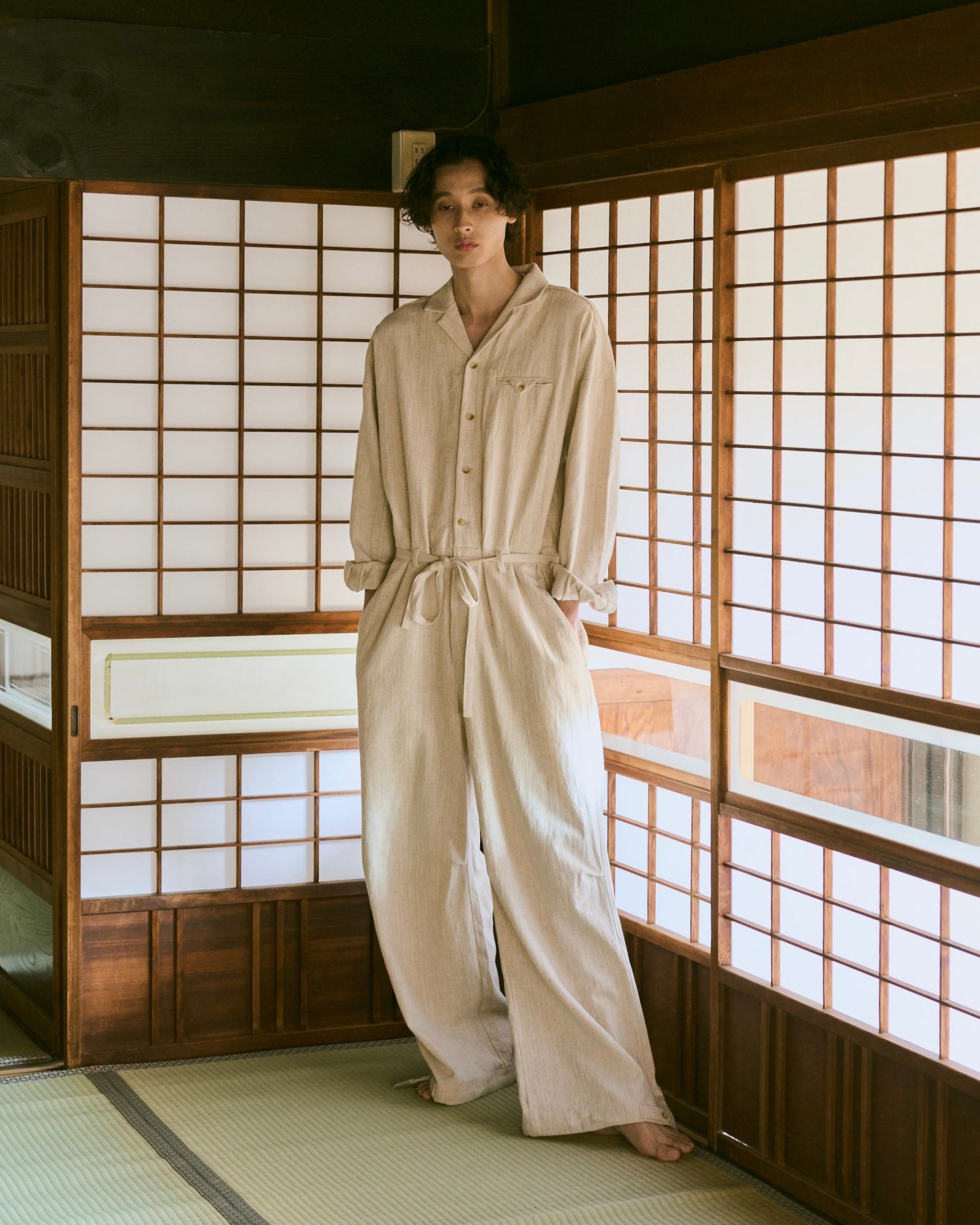 open collar cotton linen belted l/s jump suit