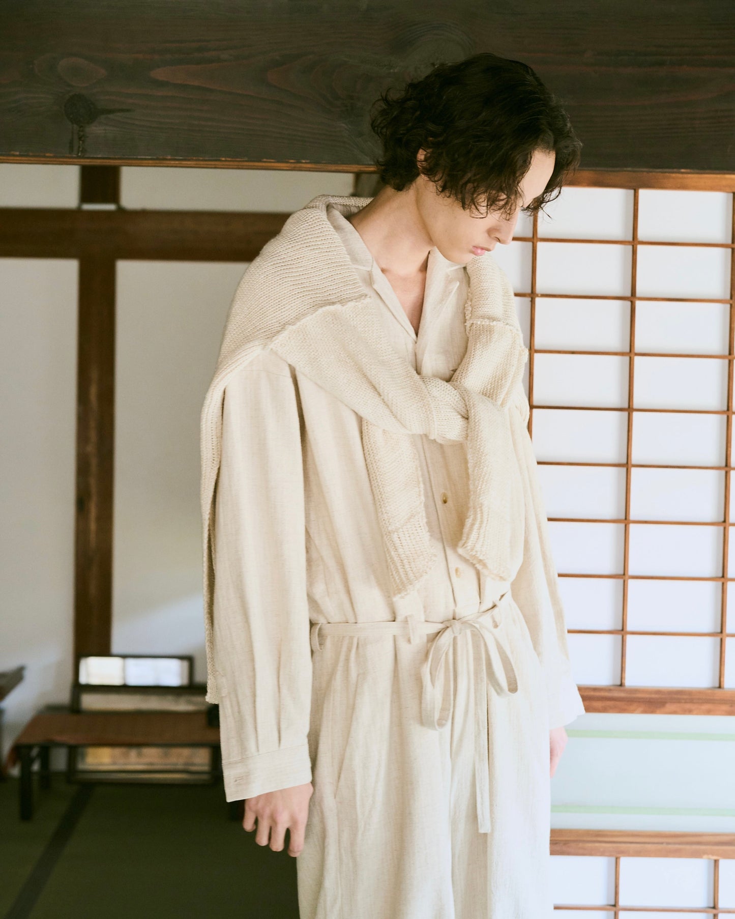 open collar cotton linen belted l/s jump suit