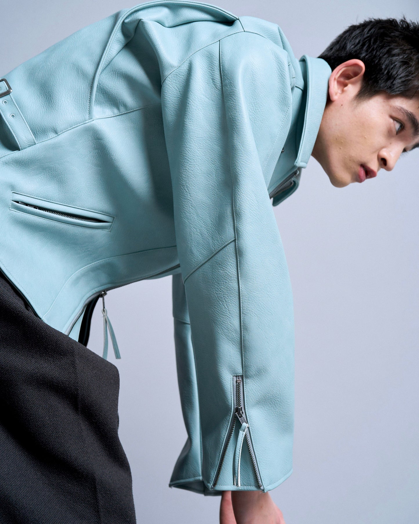 short length zipped PU-leather sport jacket