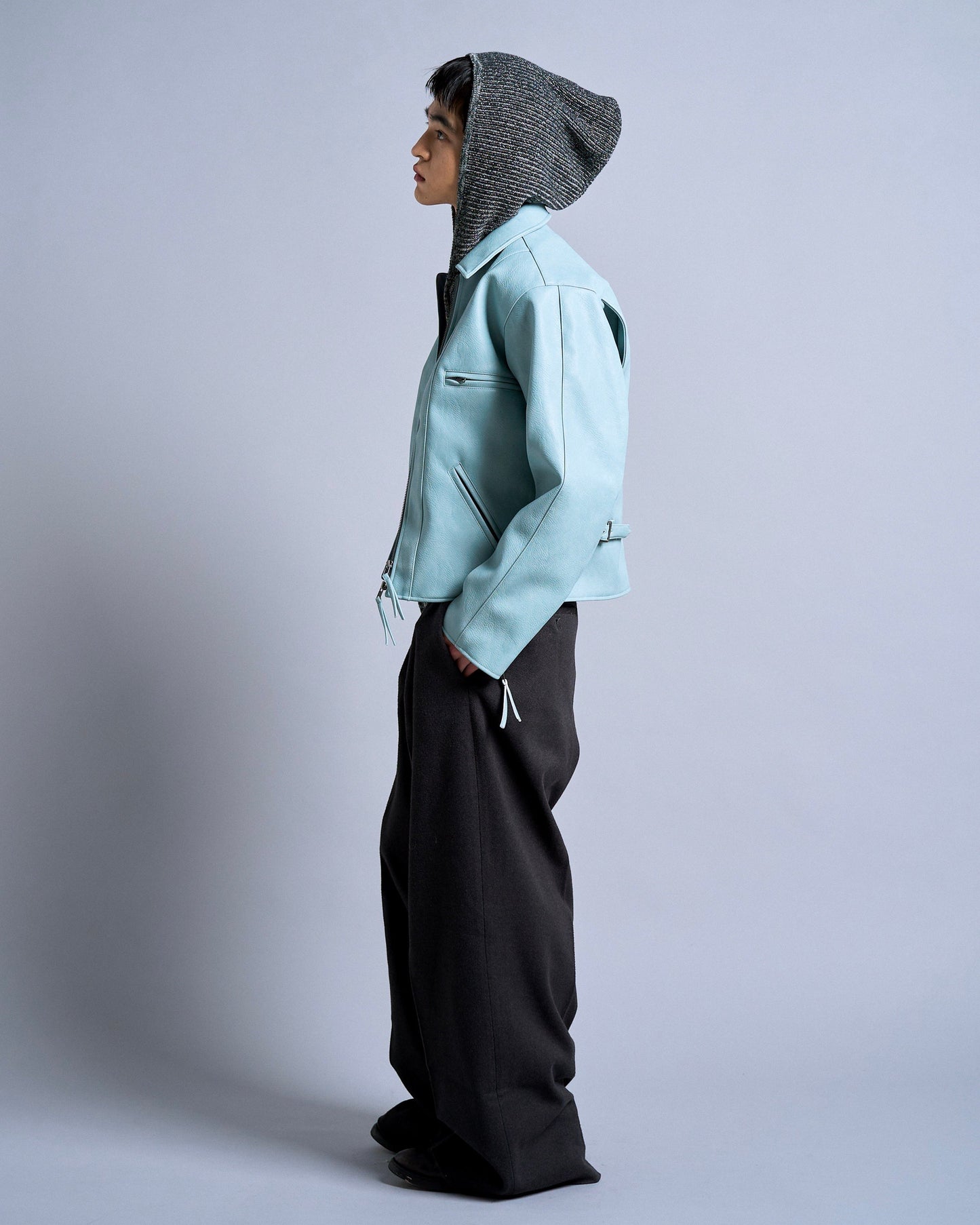 short length zipped PU-leather sport jacket