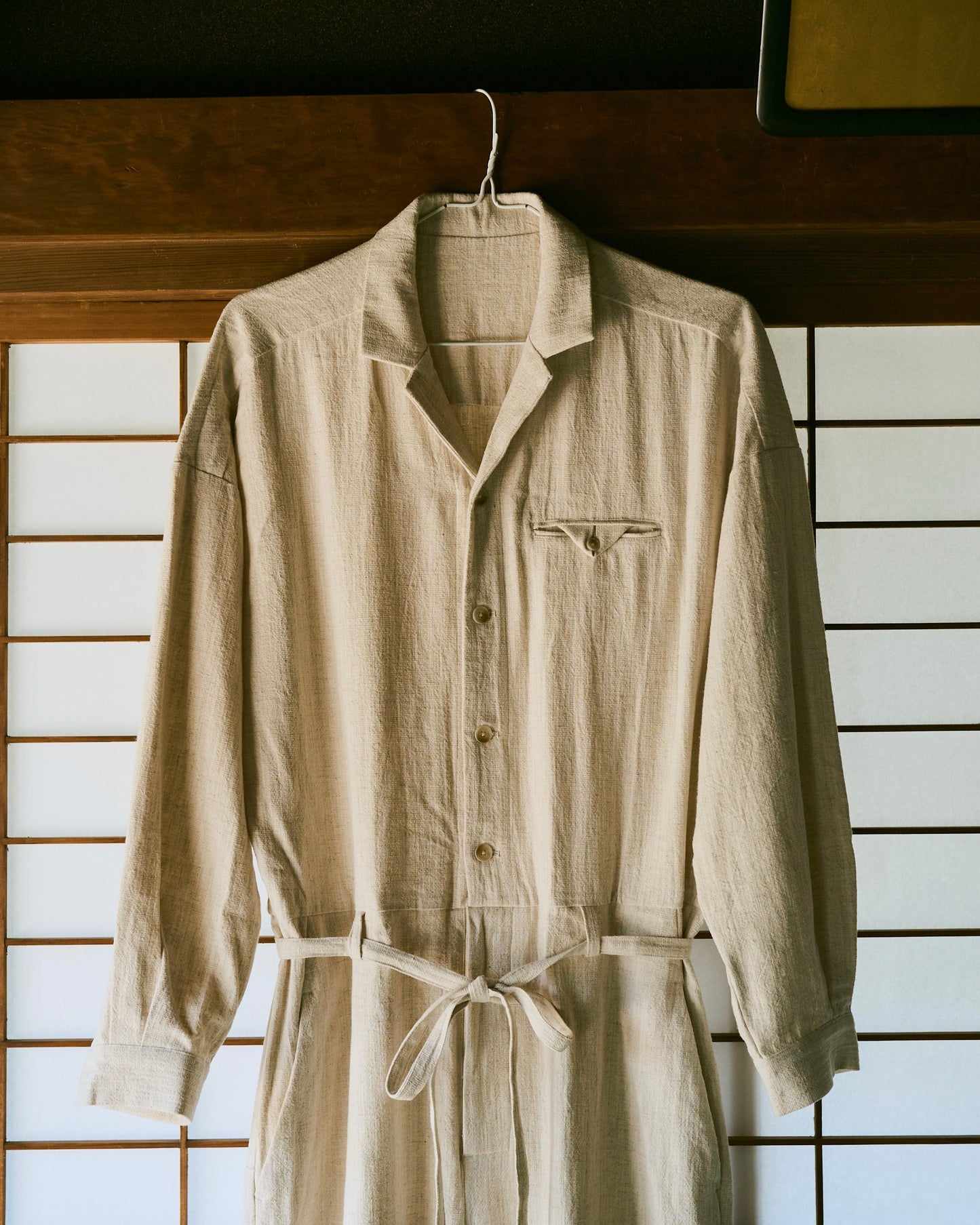 open collar cotton linen belted l/s jump suit