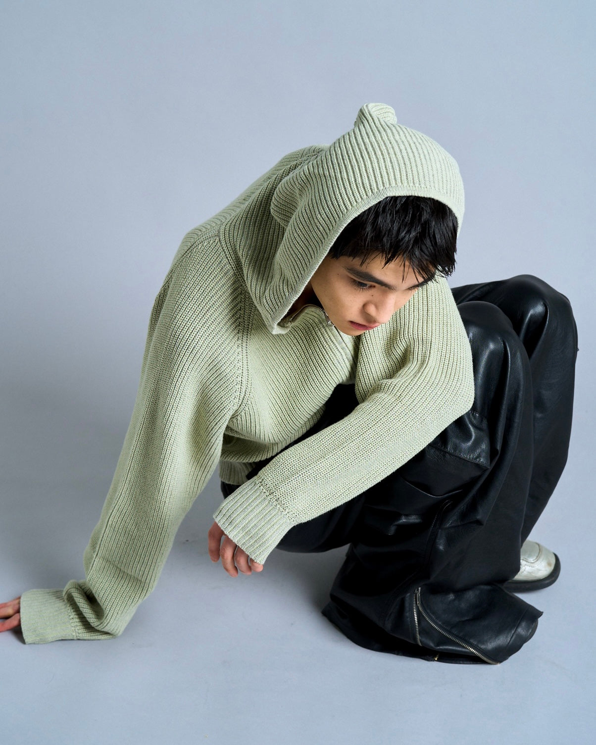 double zip mix yarn knit hoodie