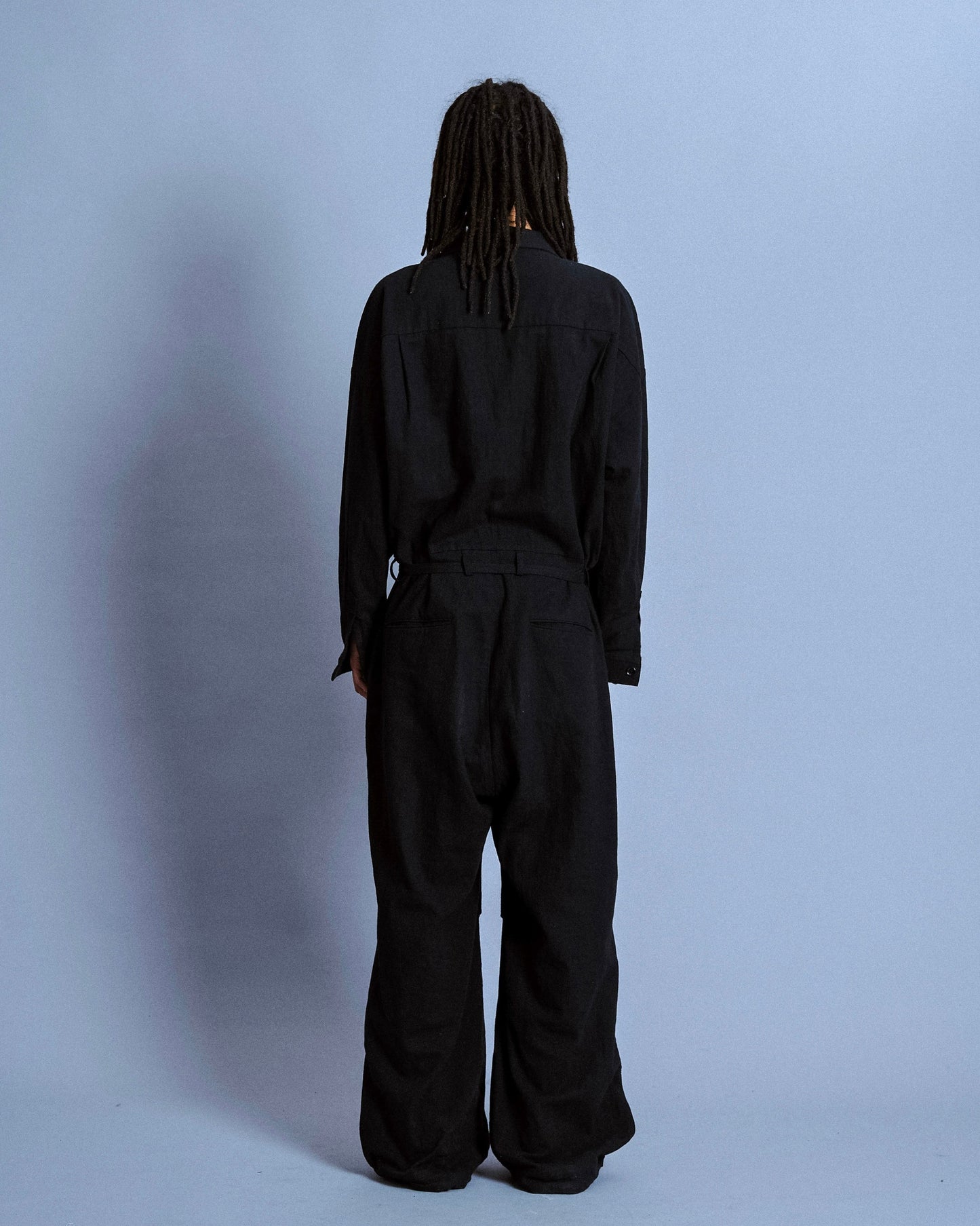 open collar cotton linen belted l/s jump suit