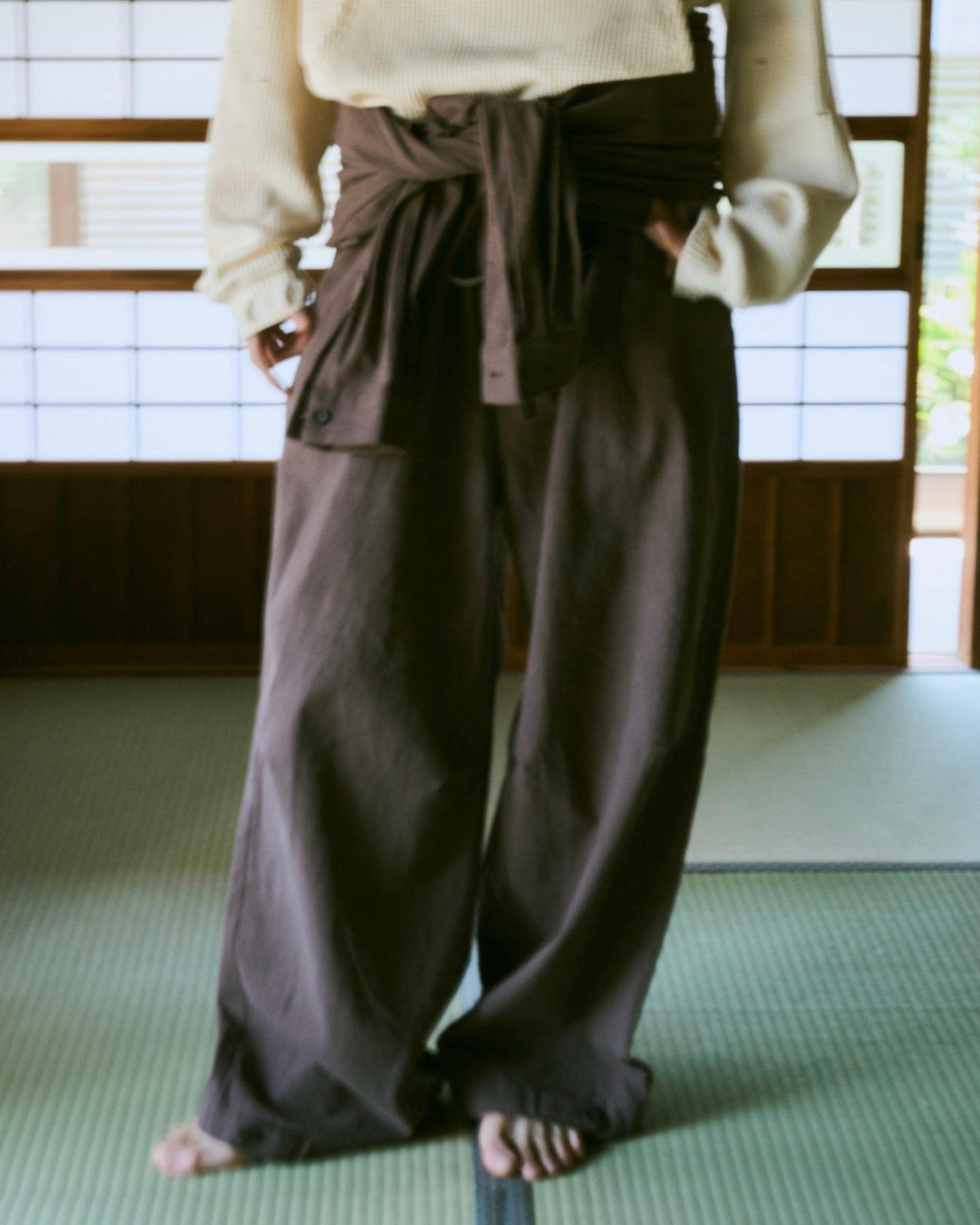 open collar cotton linen belted l/s jump suit
