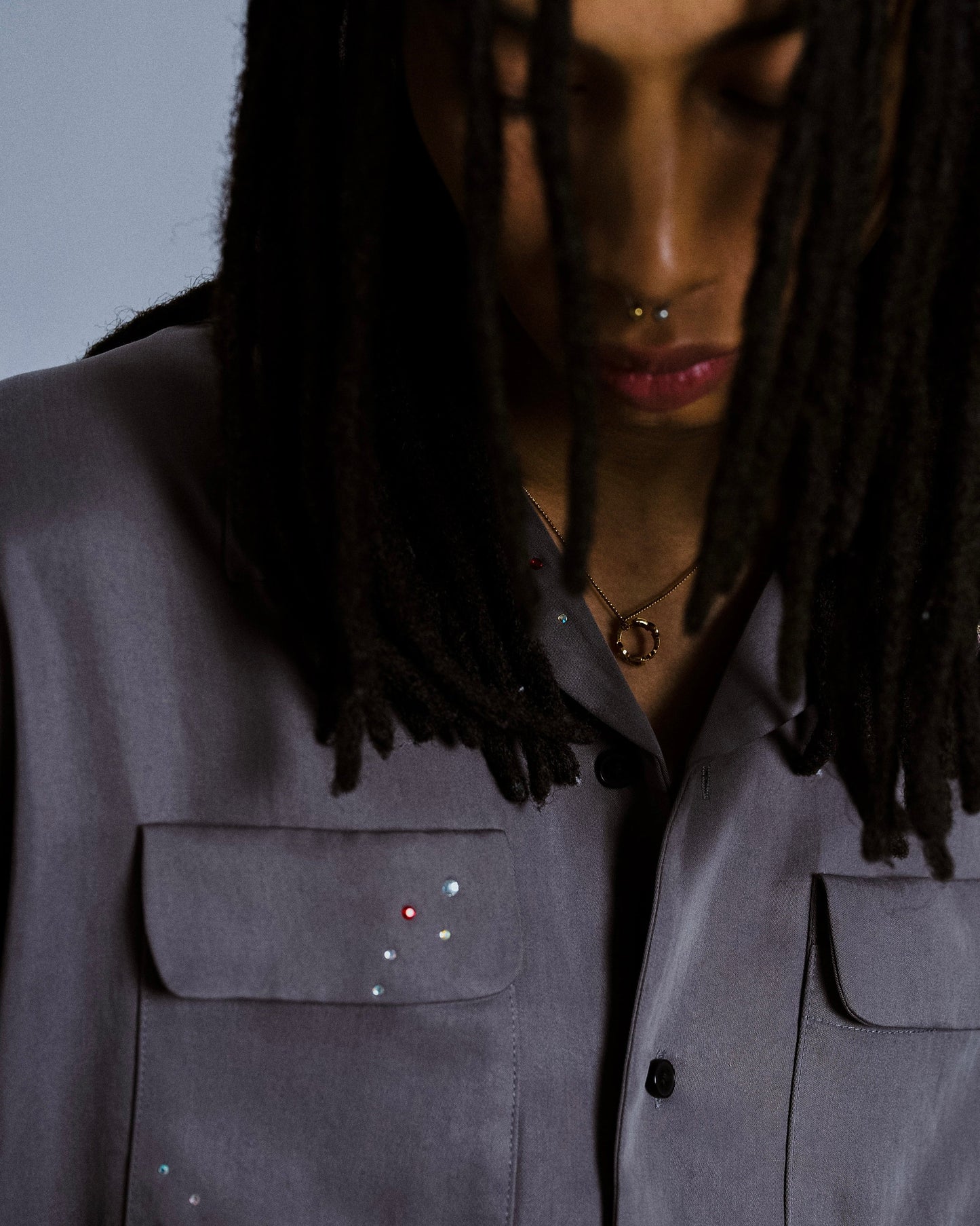 rhinestone rayon open collar l/s shirt