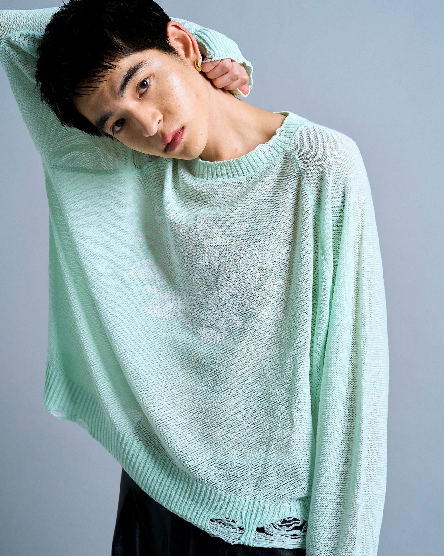 flower paint broken long sleeve sheer sweater