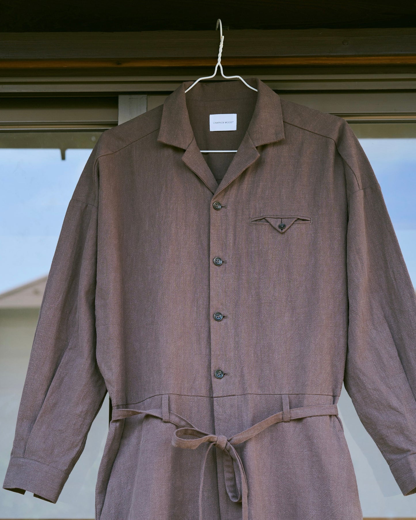 open collar cotton linen belted l/s jump suit