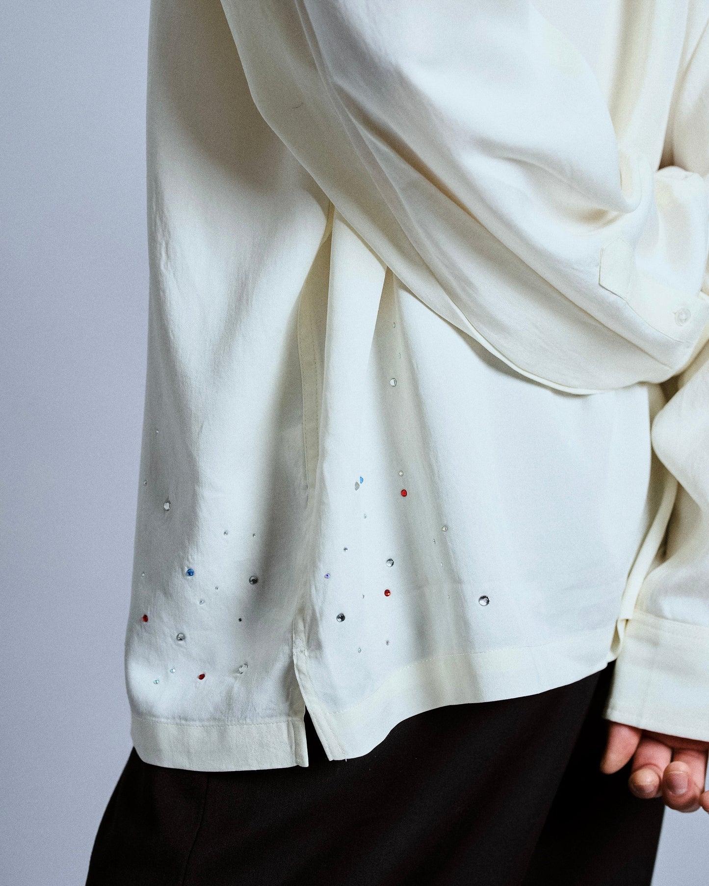 rhinestone rayon open collar l/s shirt