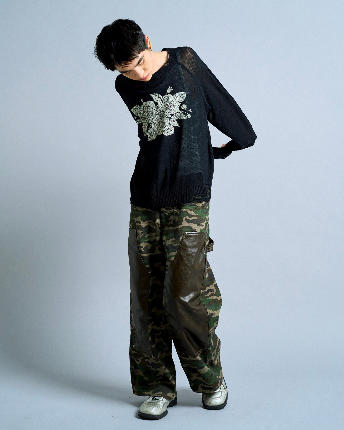 flower paint broken long sleeve sheer sweater