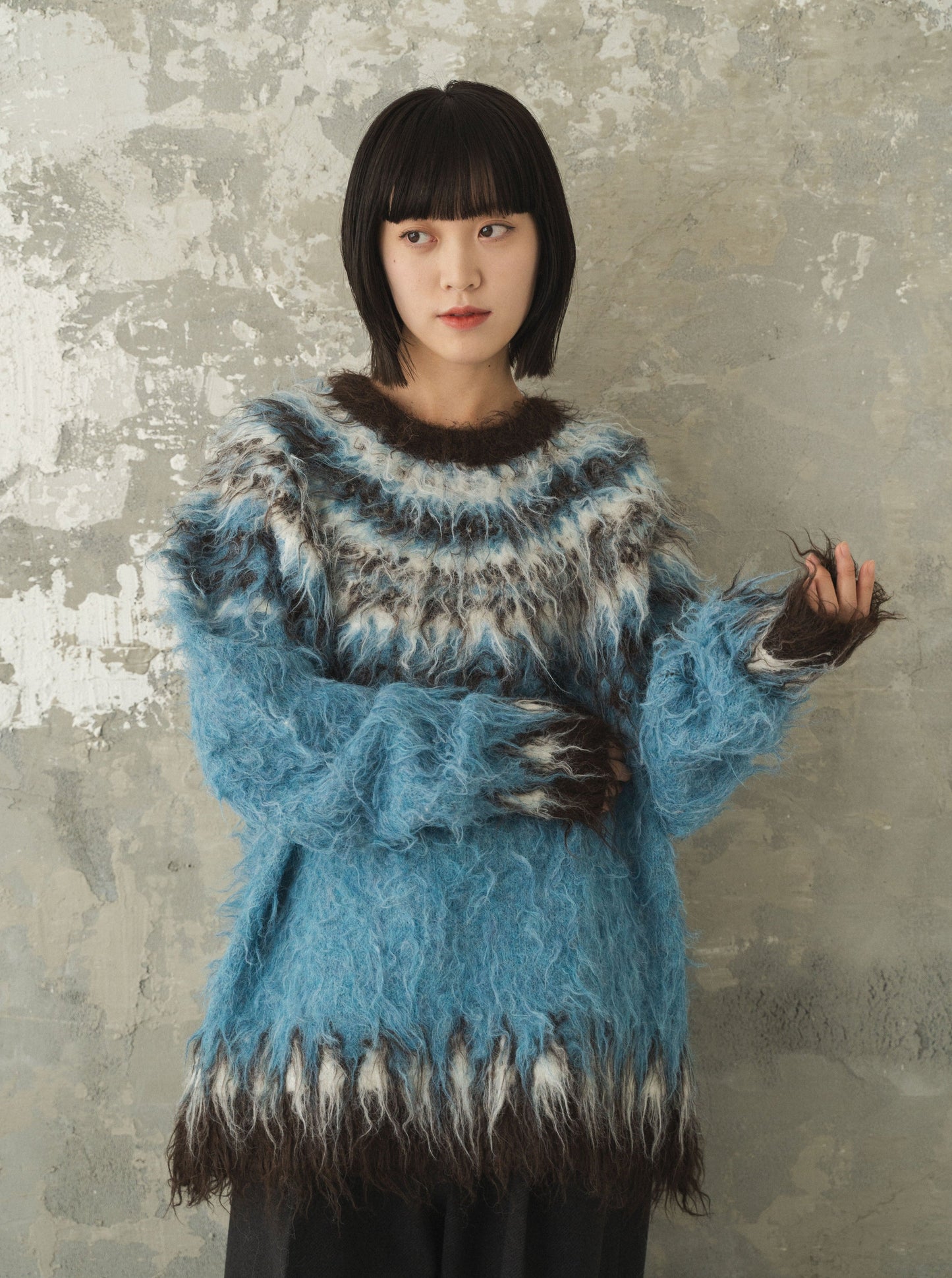 wool mix over shaggy nordic sweater