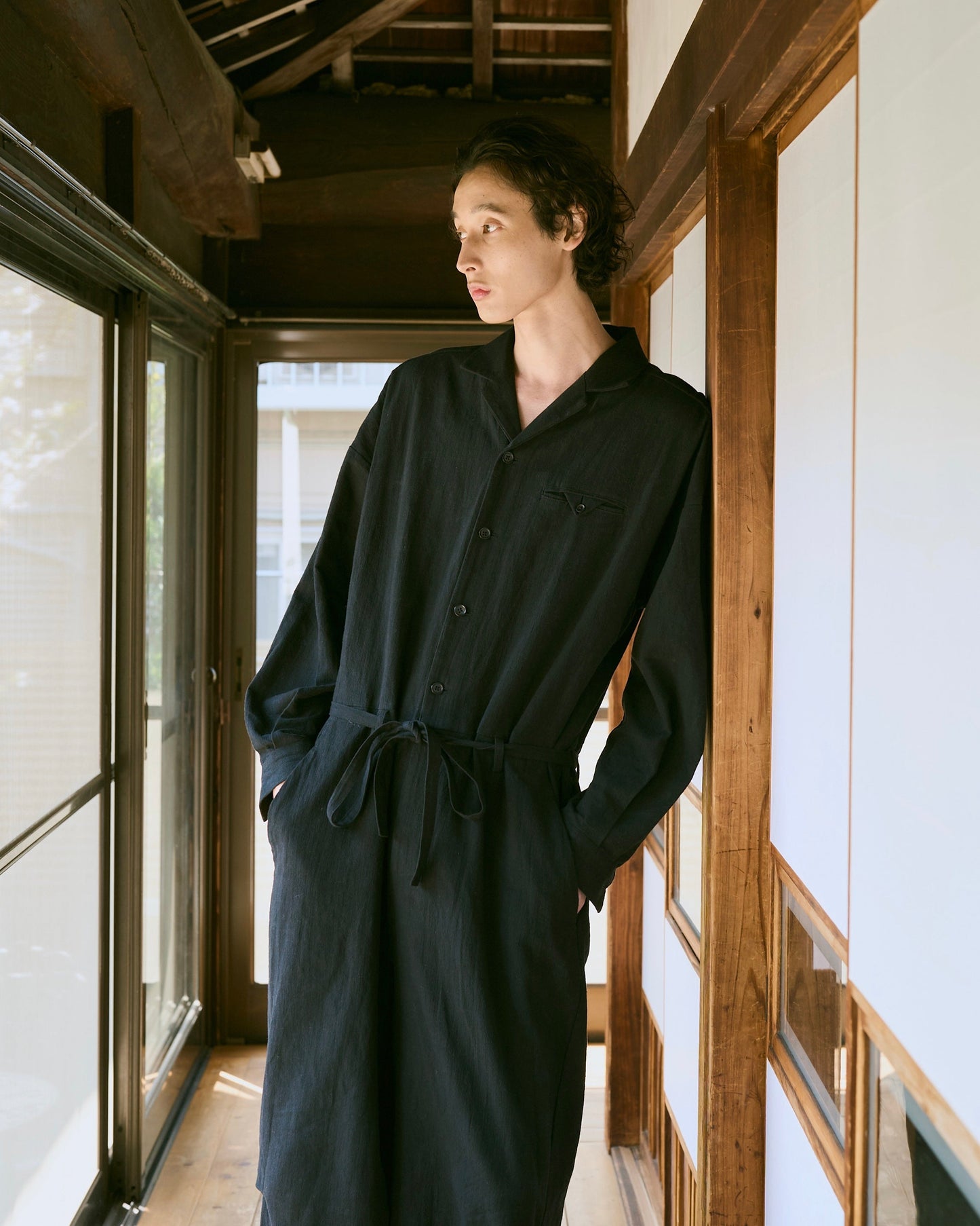 open collar cotton linen belted l/s jump suit
