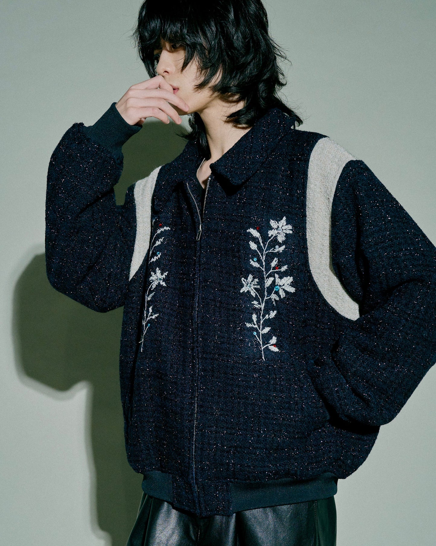 flower embroidery lame tweed varsity jacket