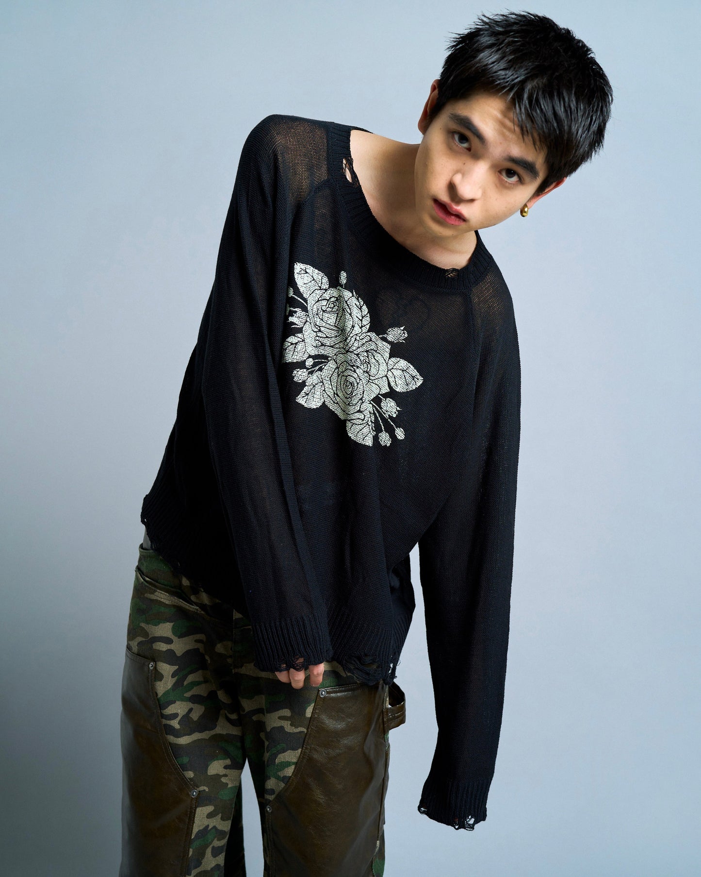 flower paint broken long sleeve sheer sweater