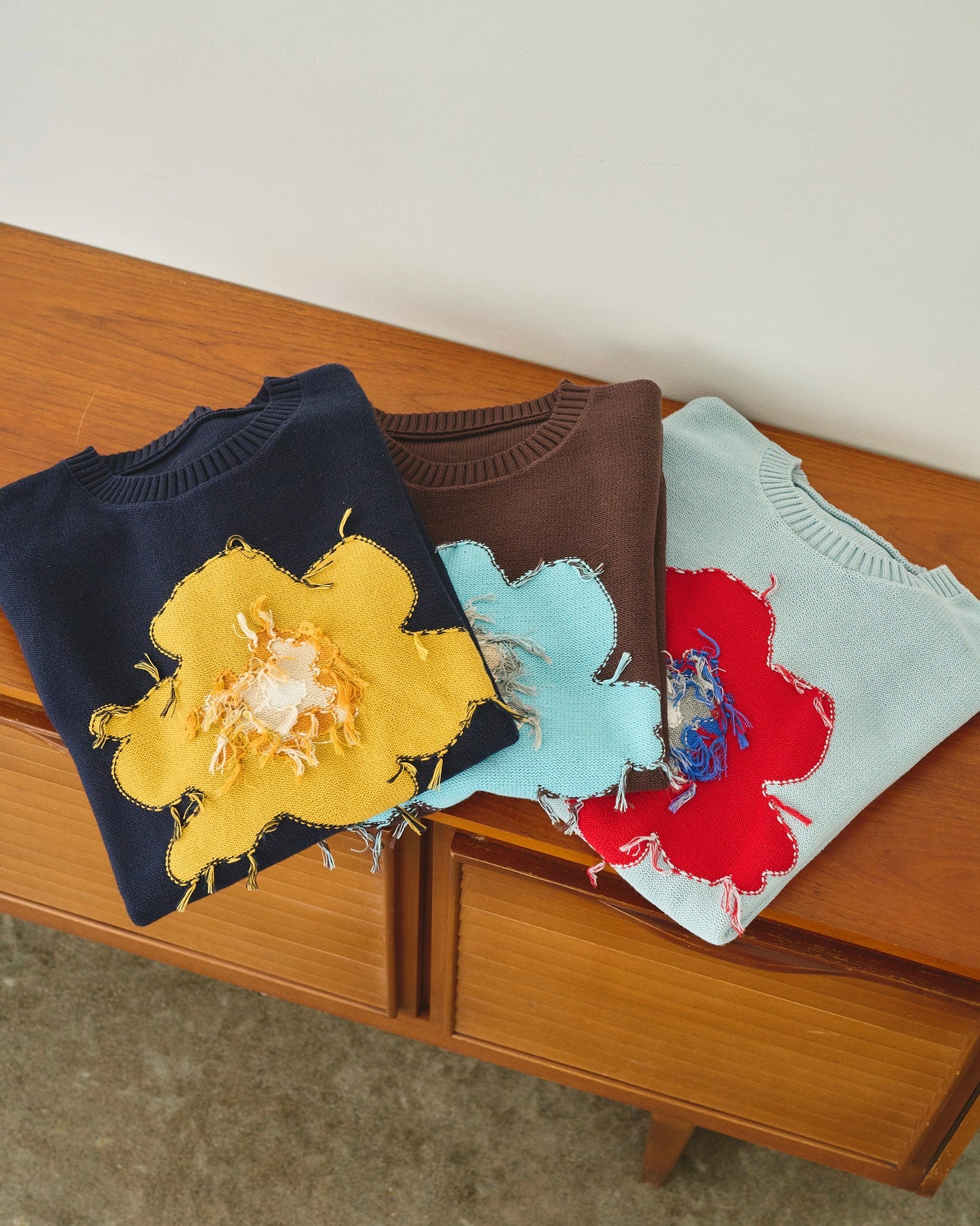 inside out flower motif cotton sweater