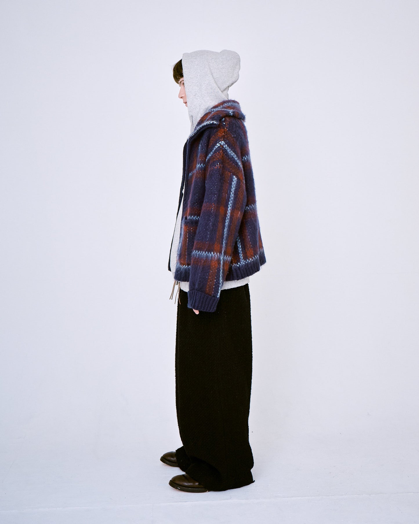 brushed check drivers knit jacket