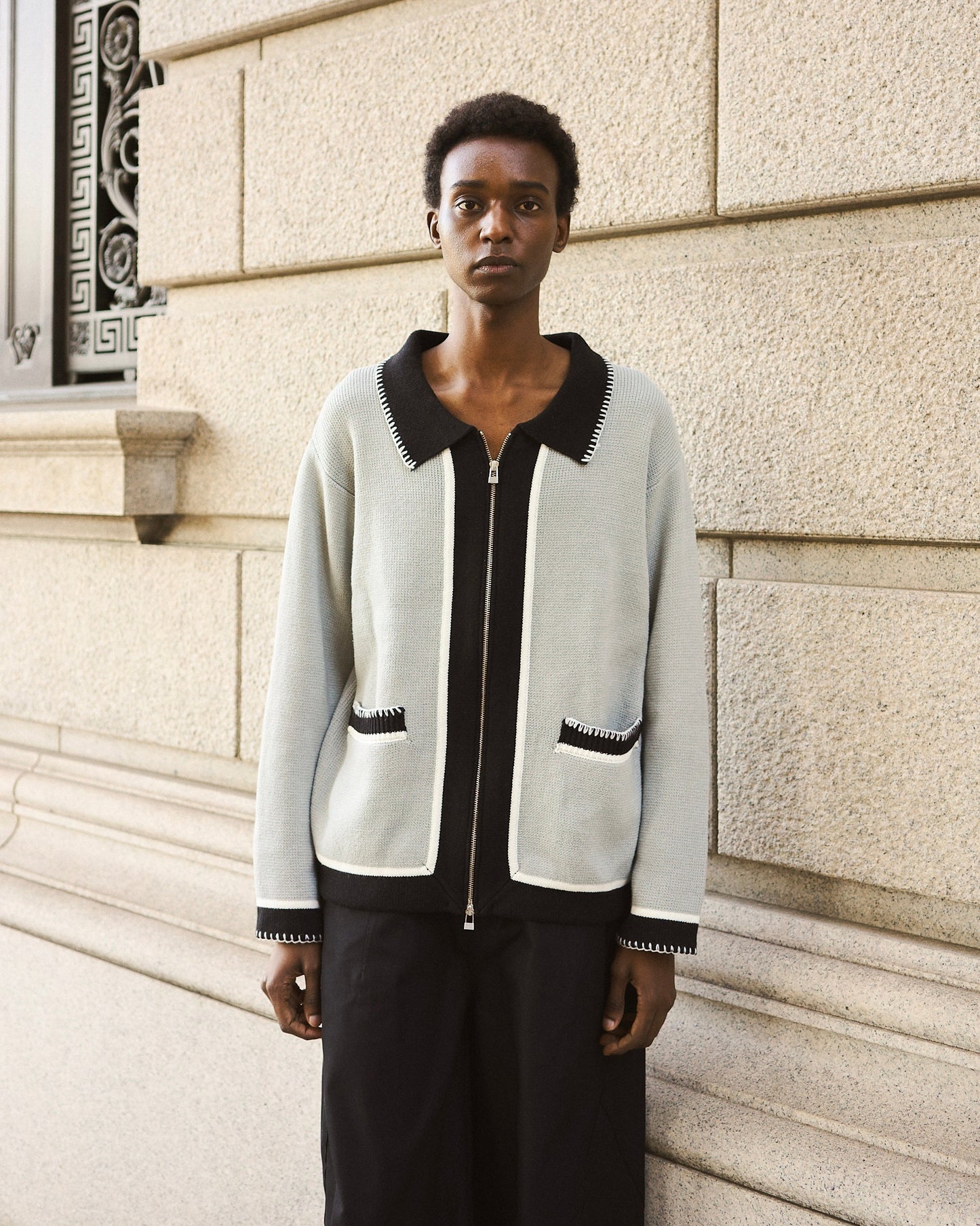 with collar stitching zipper knit shirt jacket