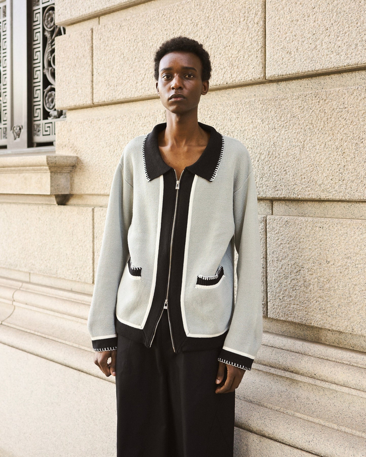 with collar stitching zipper knit shirt jacket