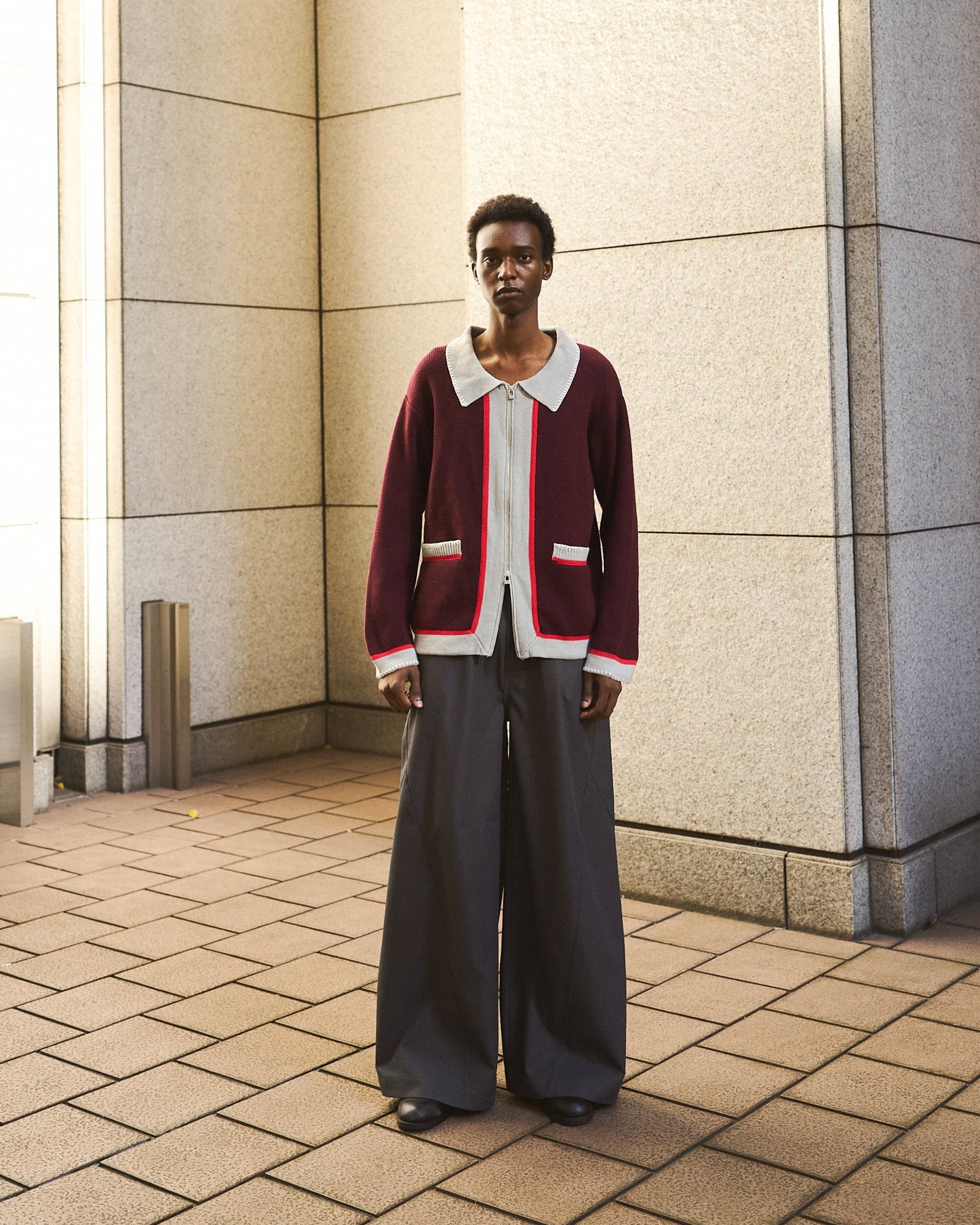 with collar stitching zipper knit shirt jacket