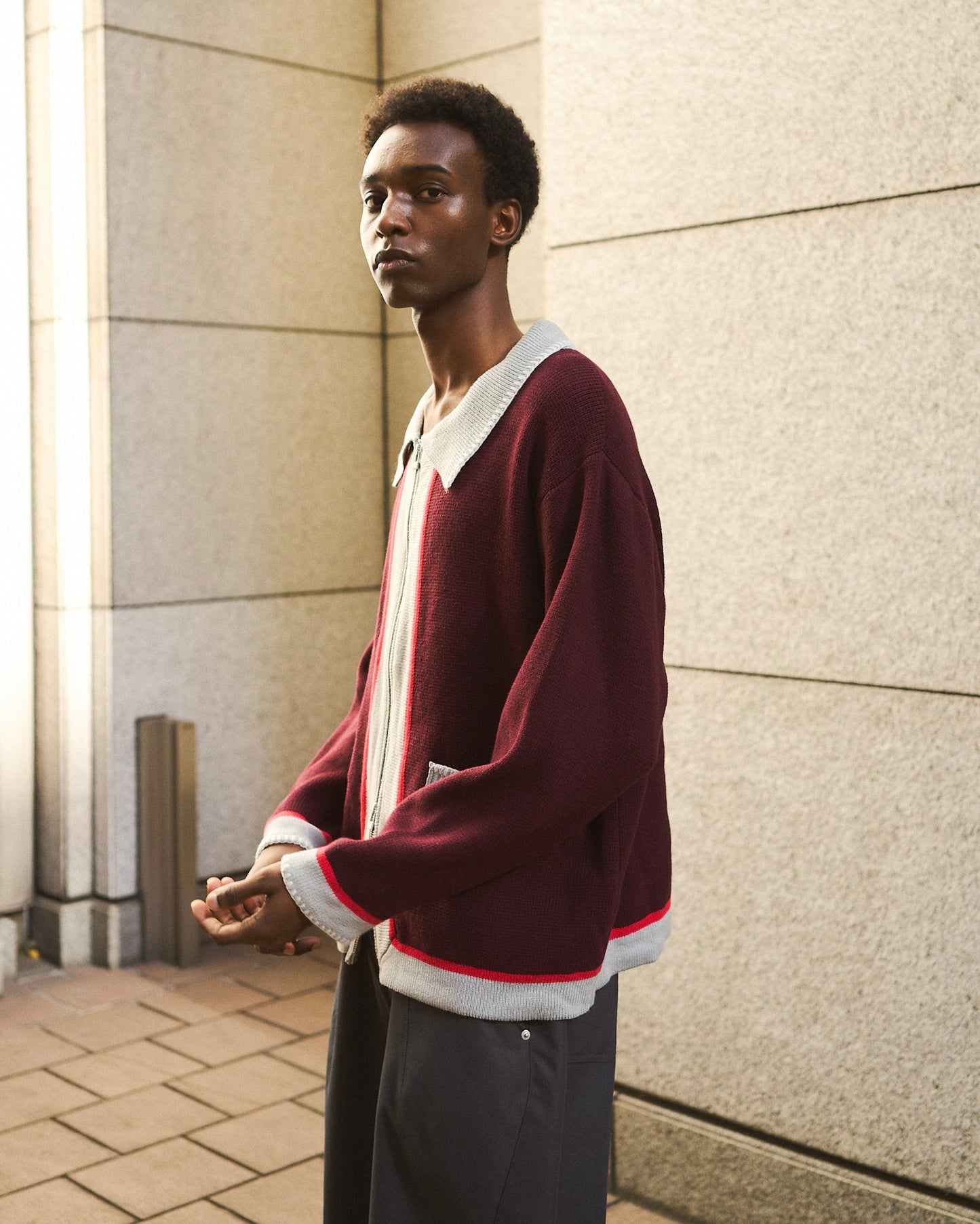with collar stitching zipper knit shirt jacket