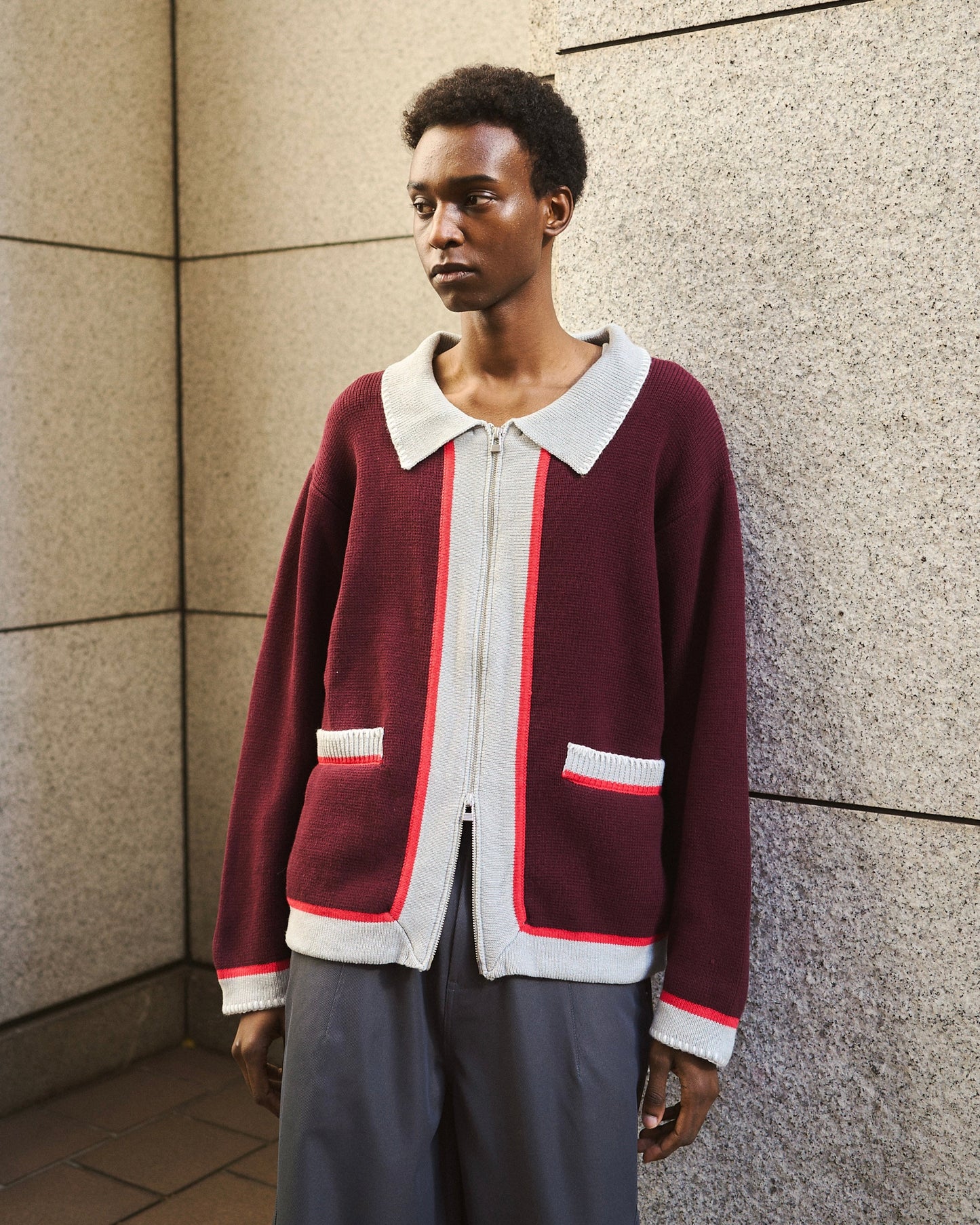 with collar stitching zipper knit shirt jacket
