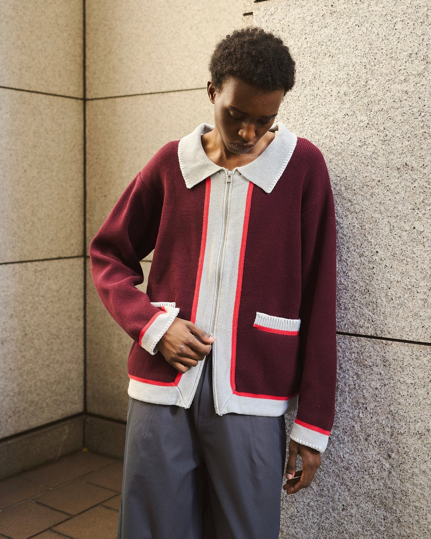 with collar stitching zipper knit shirt jacket