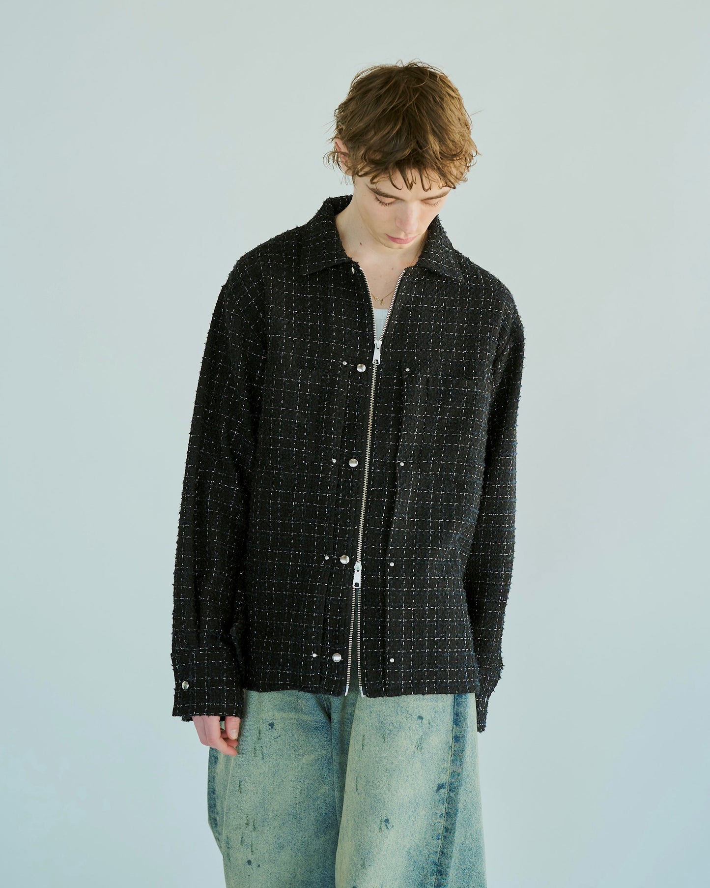 lame tweed double zipper shirt jacket