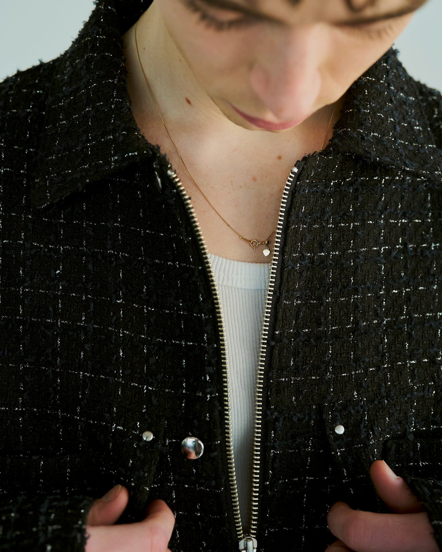 lame tweed double zipper shirt jacket