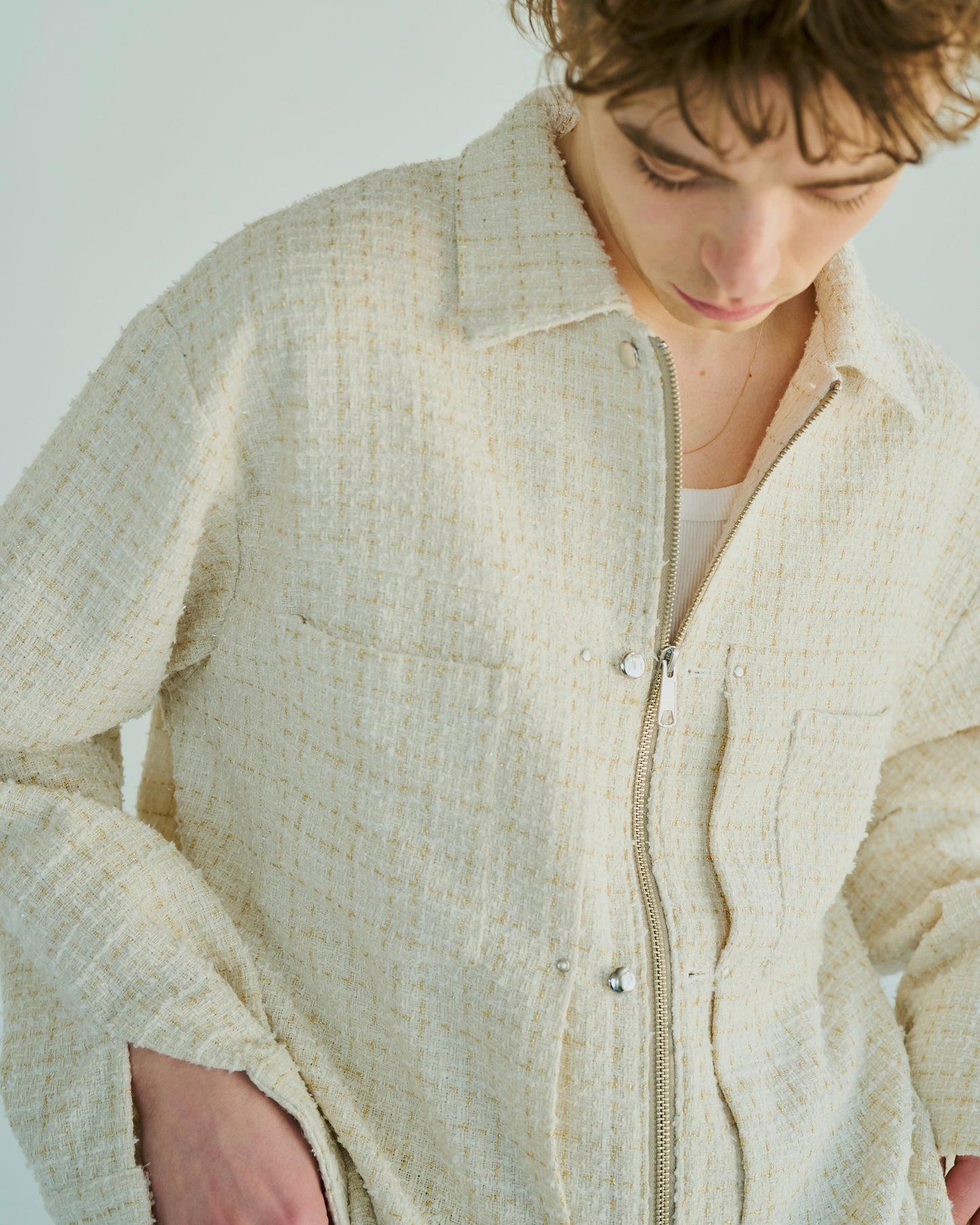 lame tweed double zipper shirt jacket