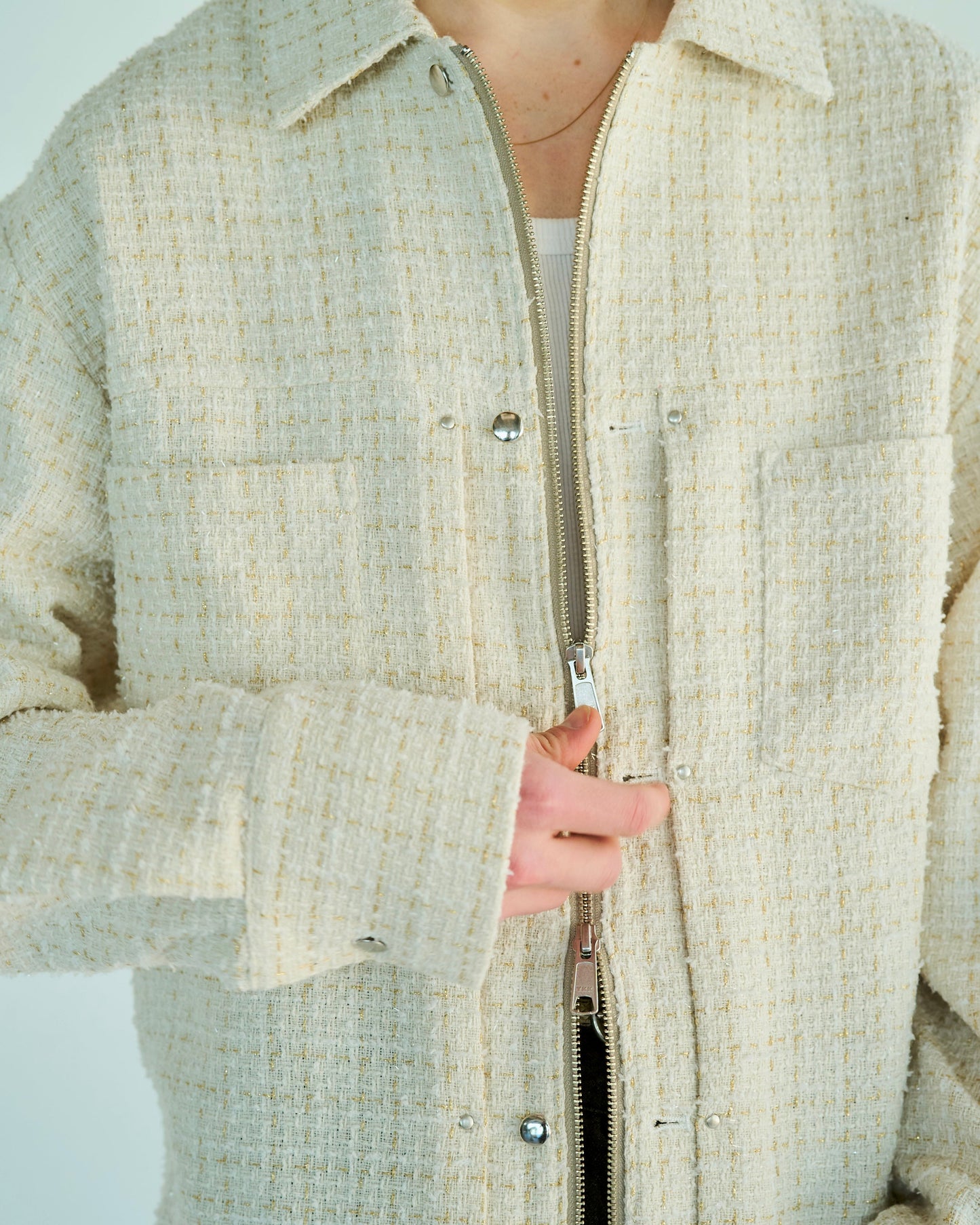 lame tweed double zipper shirt jacket