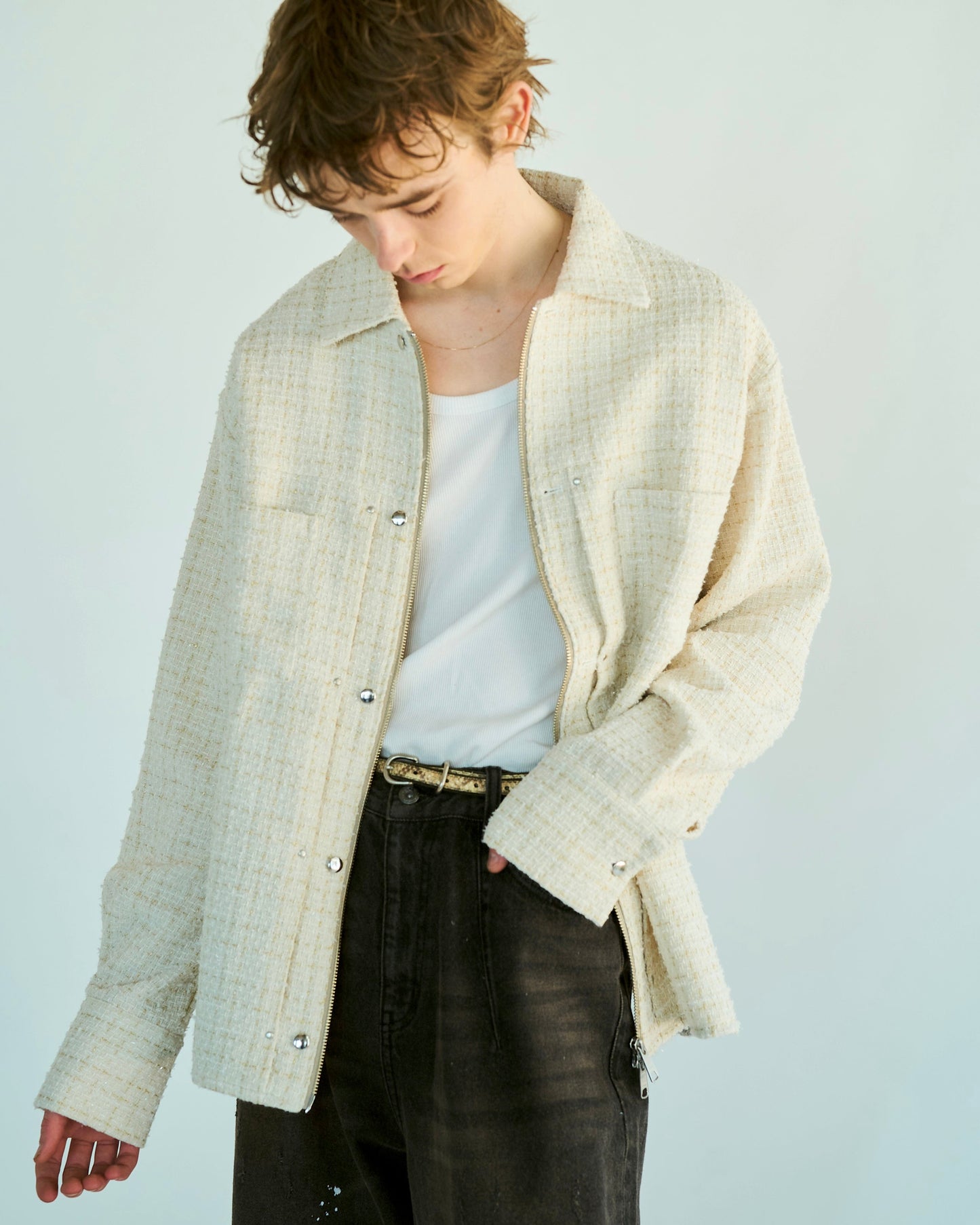 lame tweed double zipper shirt jacket