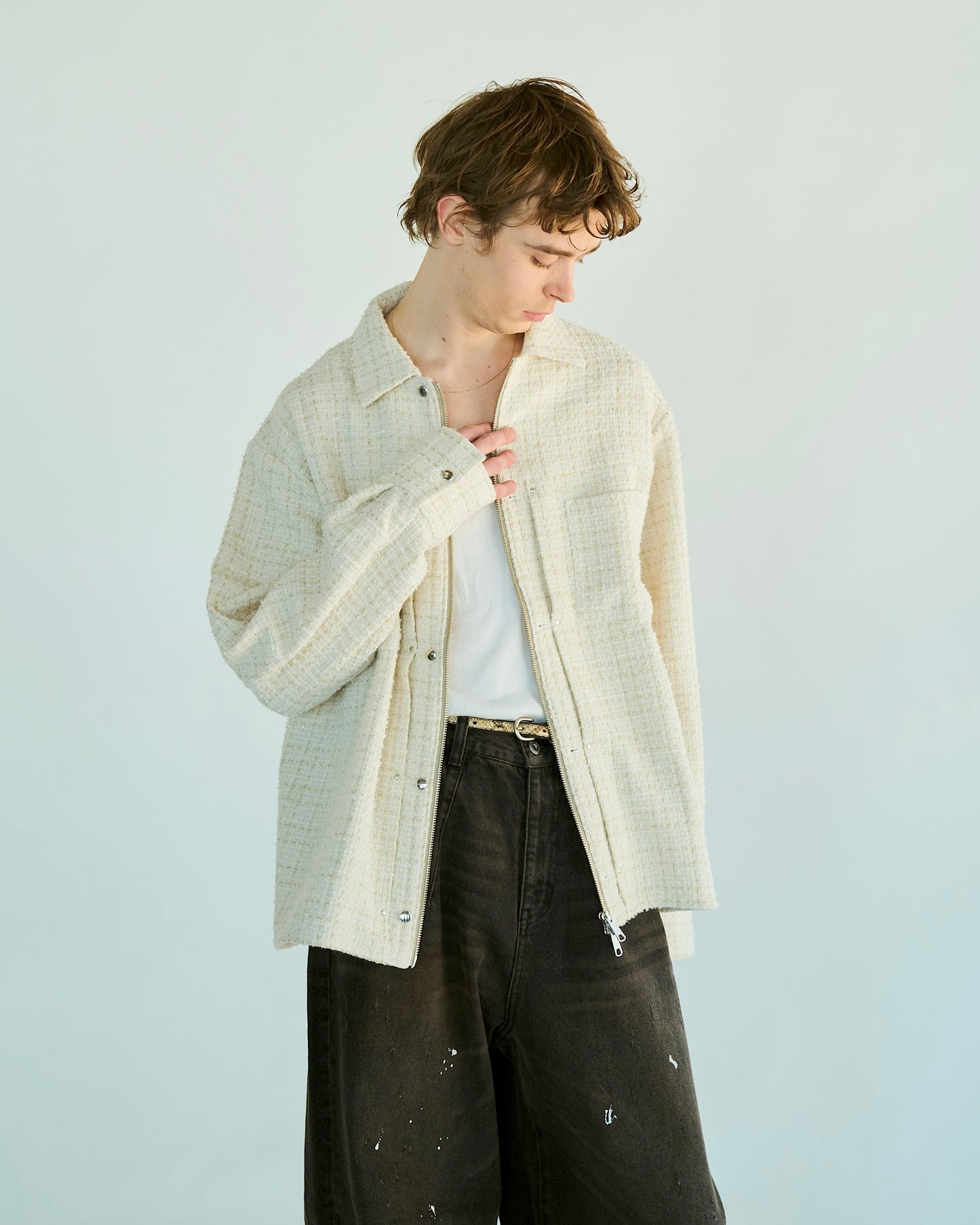 lame tweed double zipper shirt jacket
