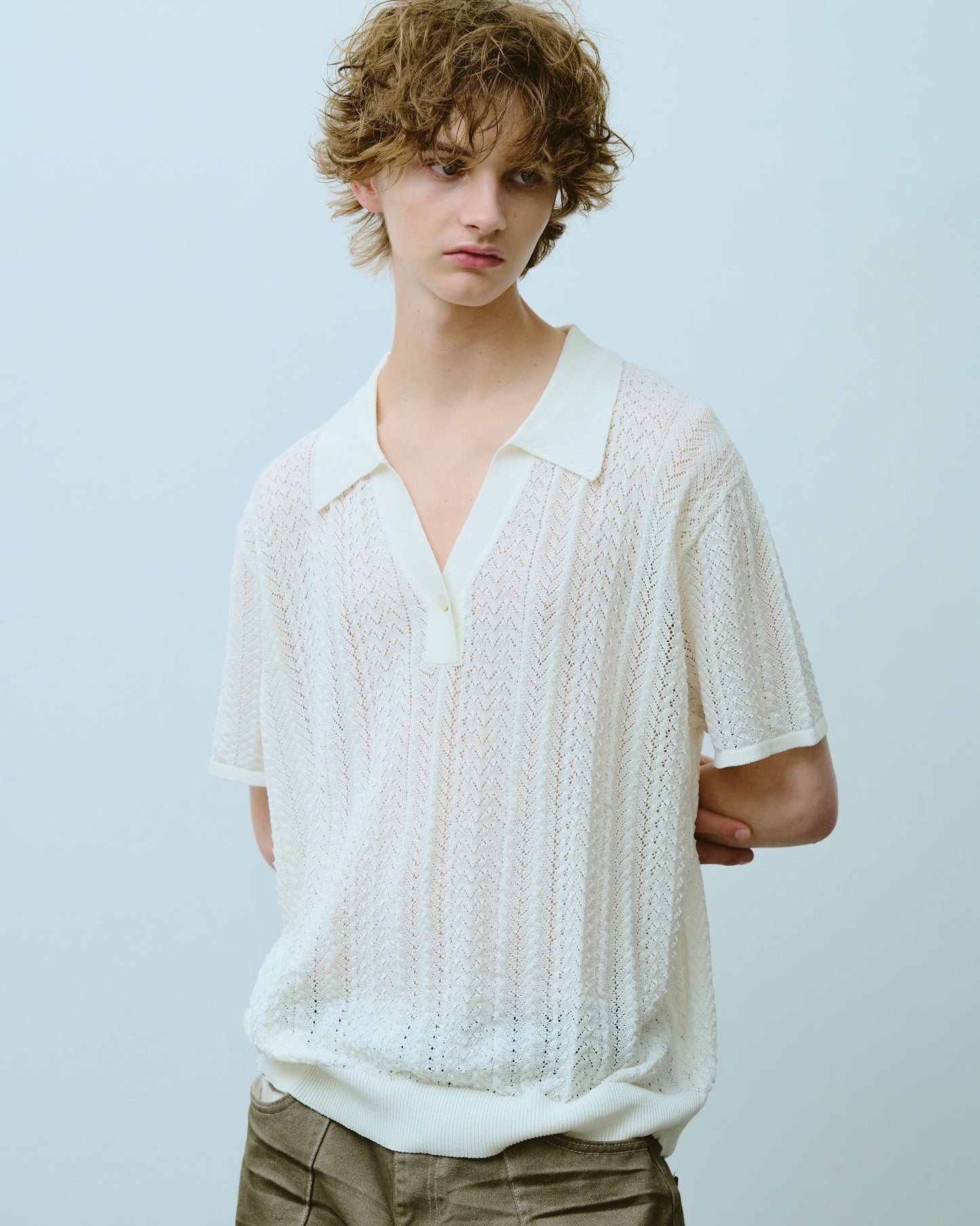 rayon openwork skipper knit shirt