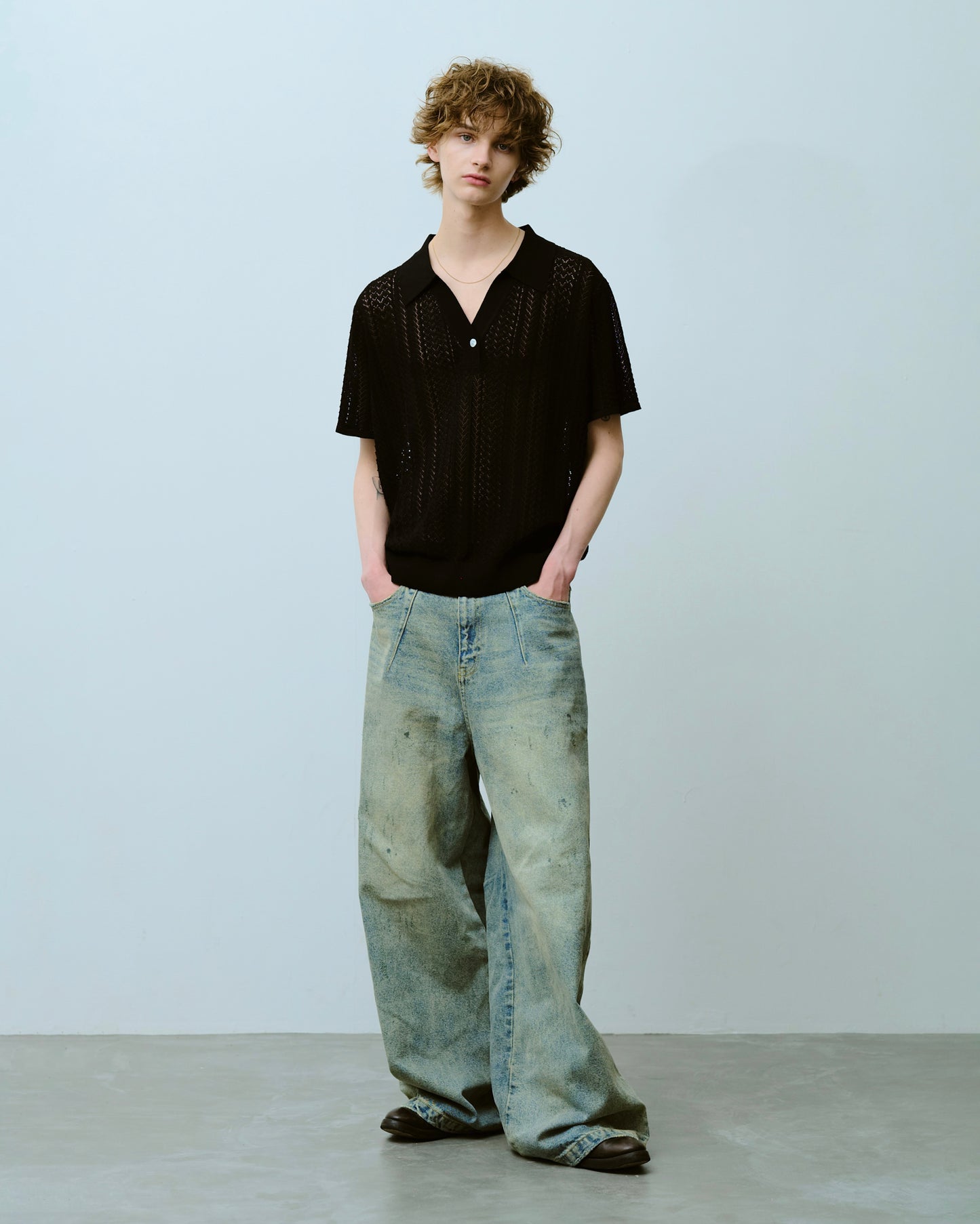 rayon openwork skipper knit shirt