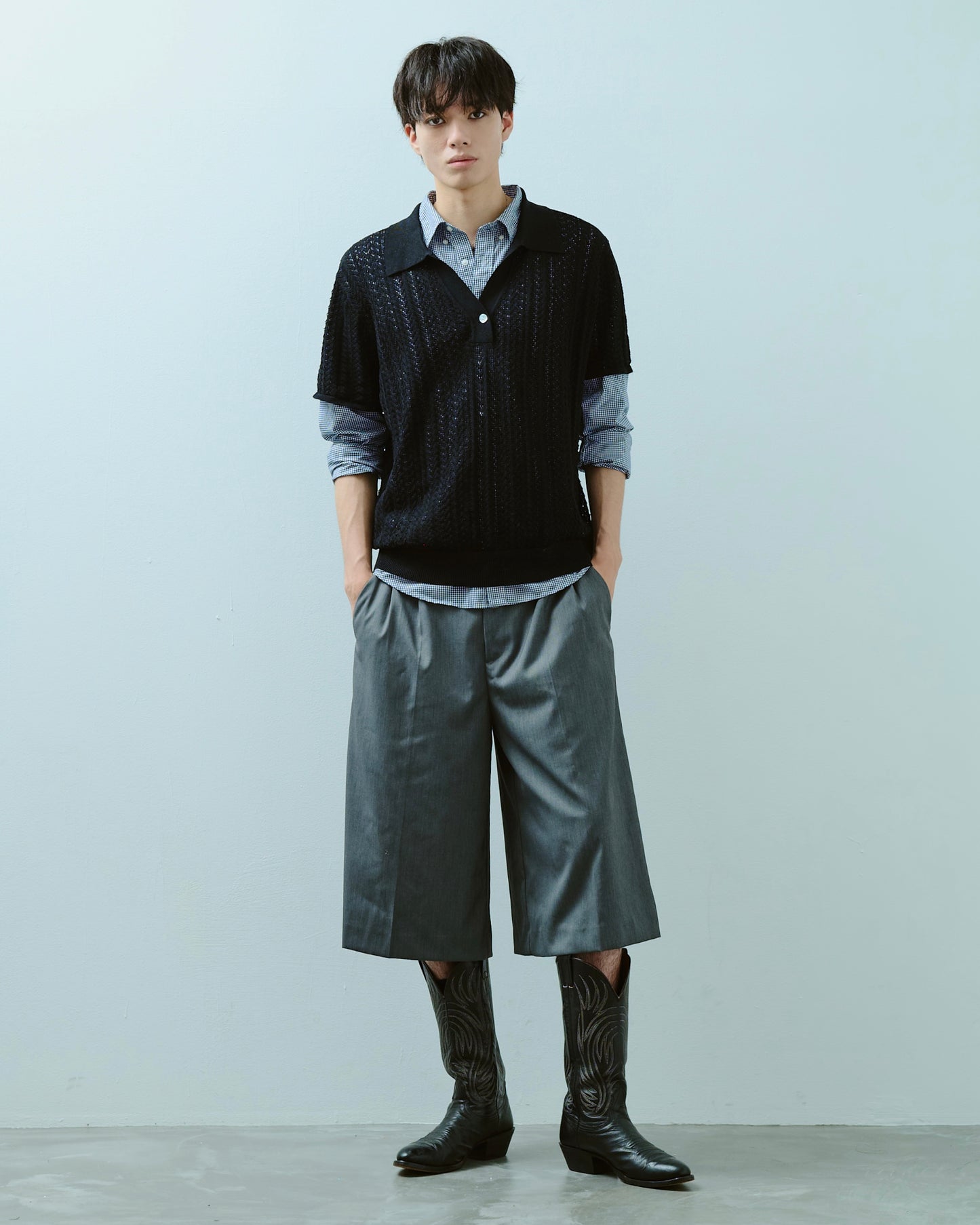 rayon openwork skipper knit shirt