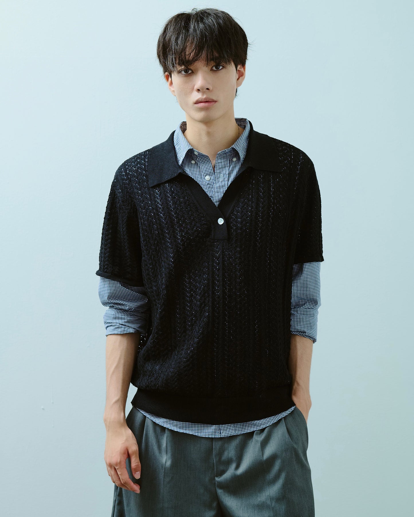rayon openwork skipper knit shirt