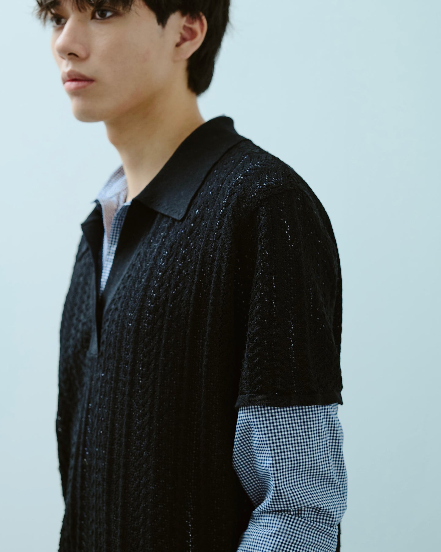 rayon openwork skipper knit shirt