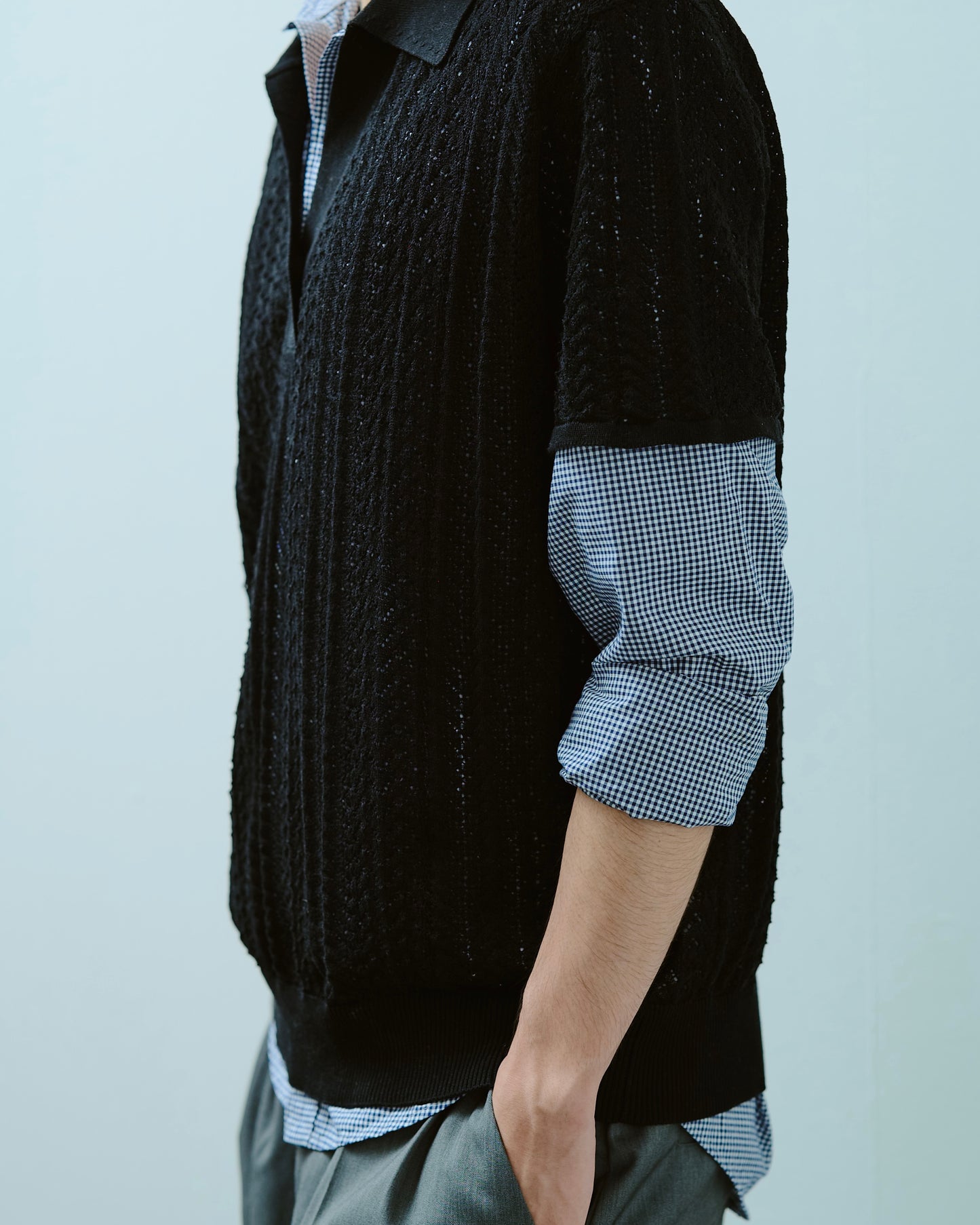 rayon openwork skipper knit shirt