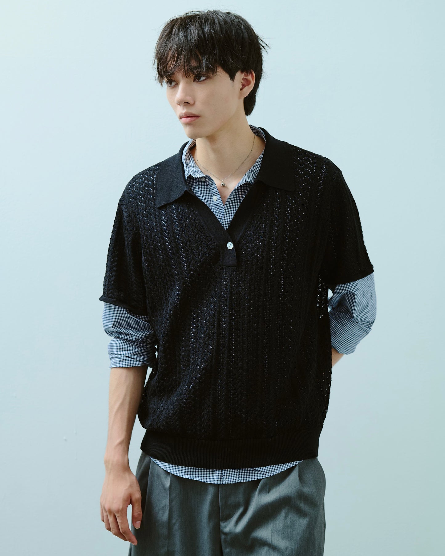 rayon openwork skipper knit shirt