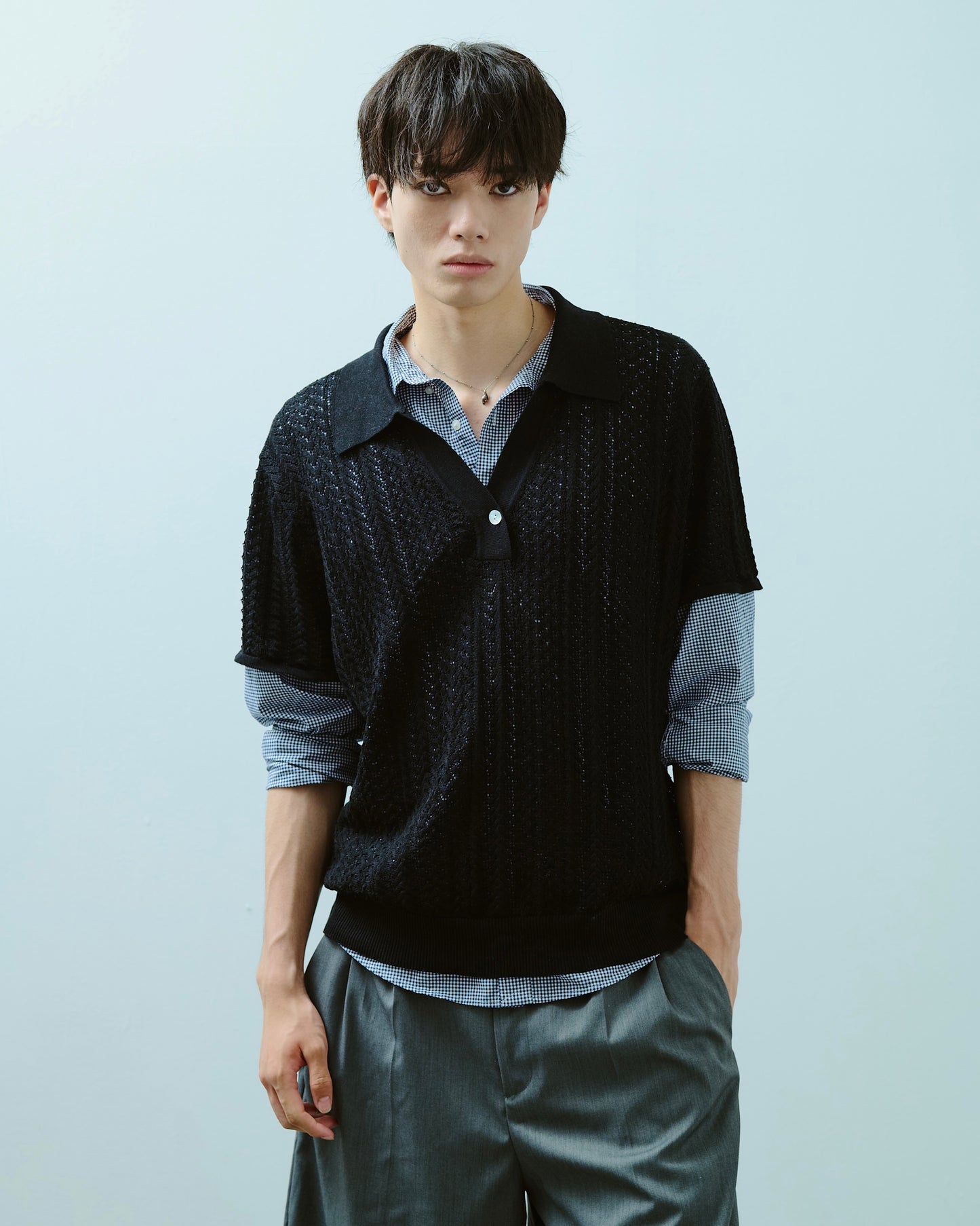 rayon openwork skipper knit shirt
