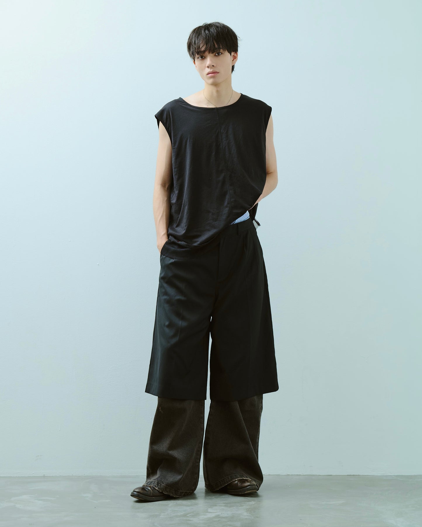 layered boxers wide slacks shorts