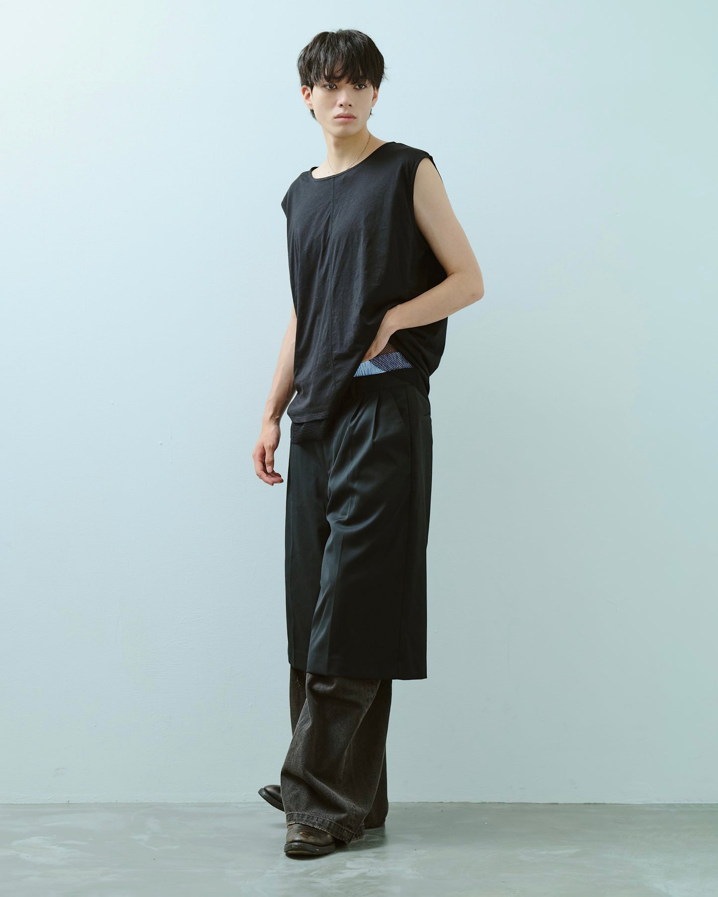 layered boxers wide slacks shorts