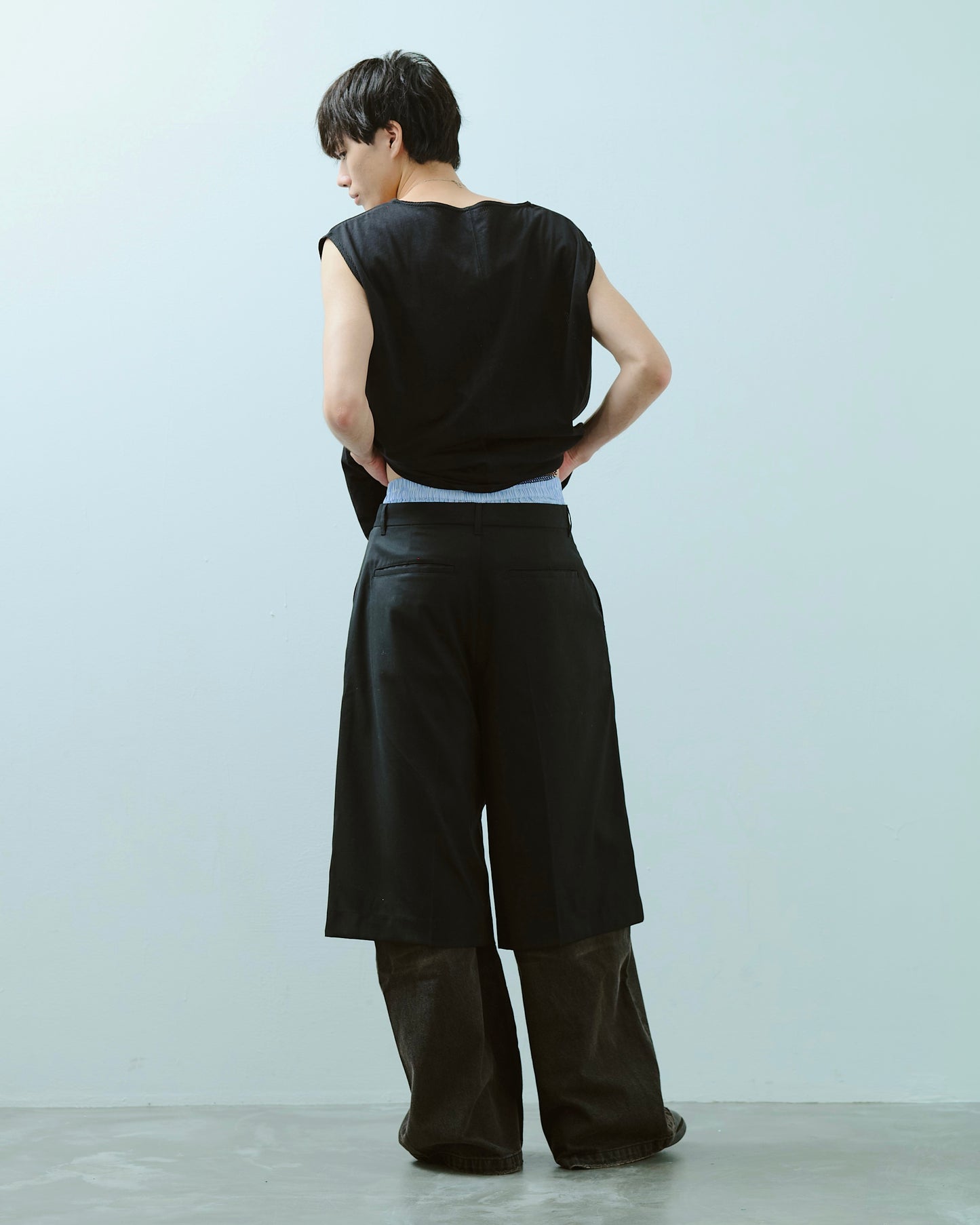 layered boxers wide slacks shorts