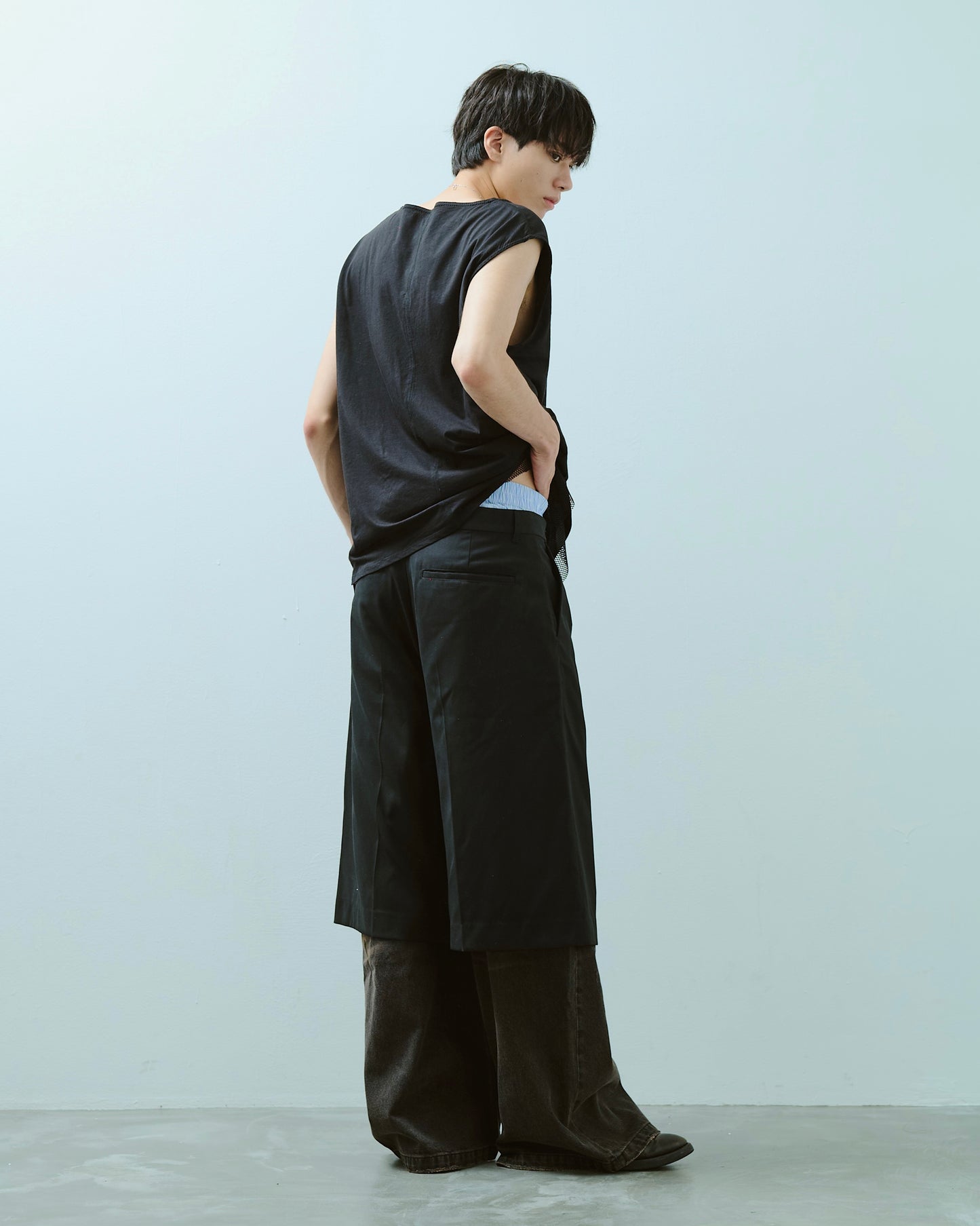 layered boxers wide slacks shorts