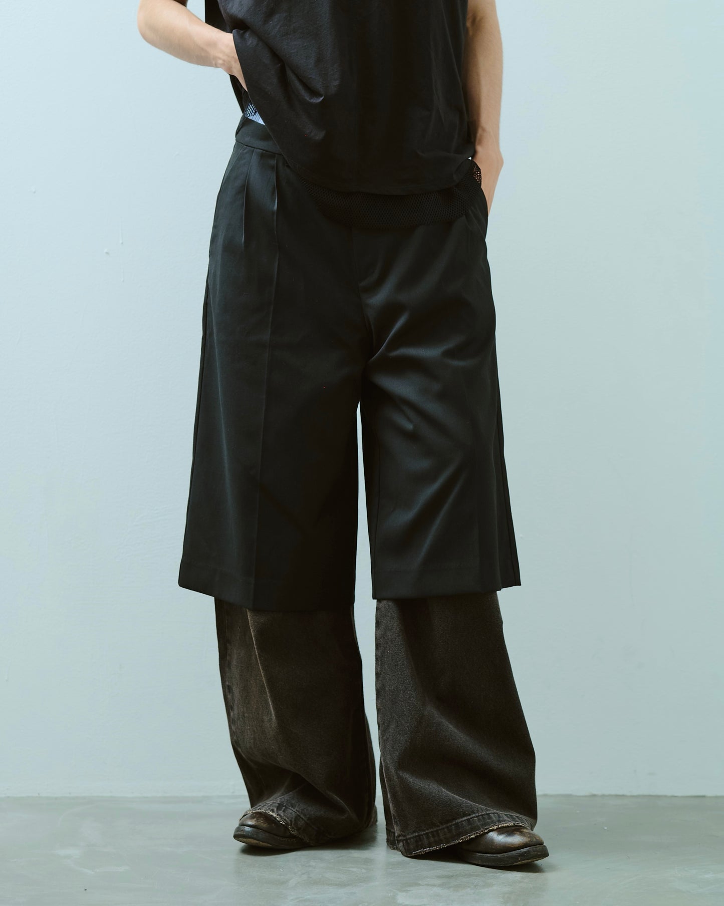 layered boxers wide slacks shorts