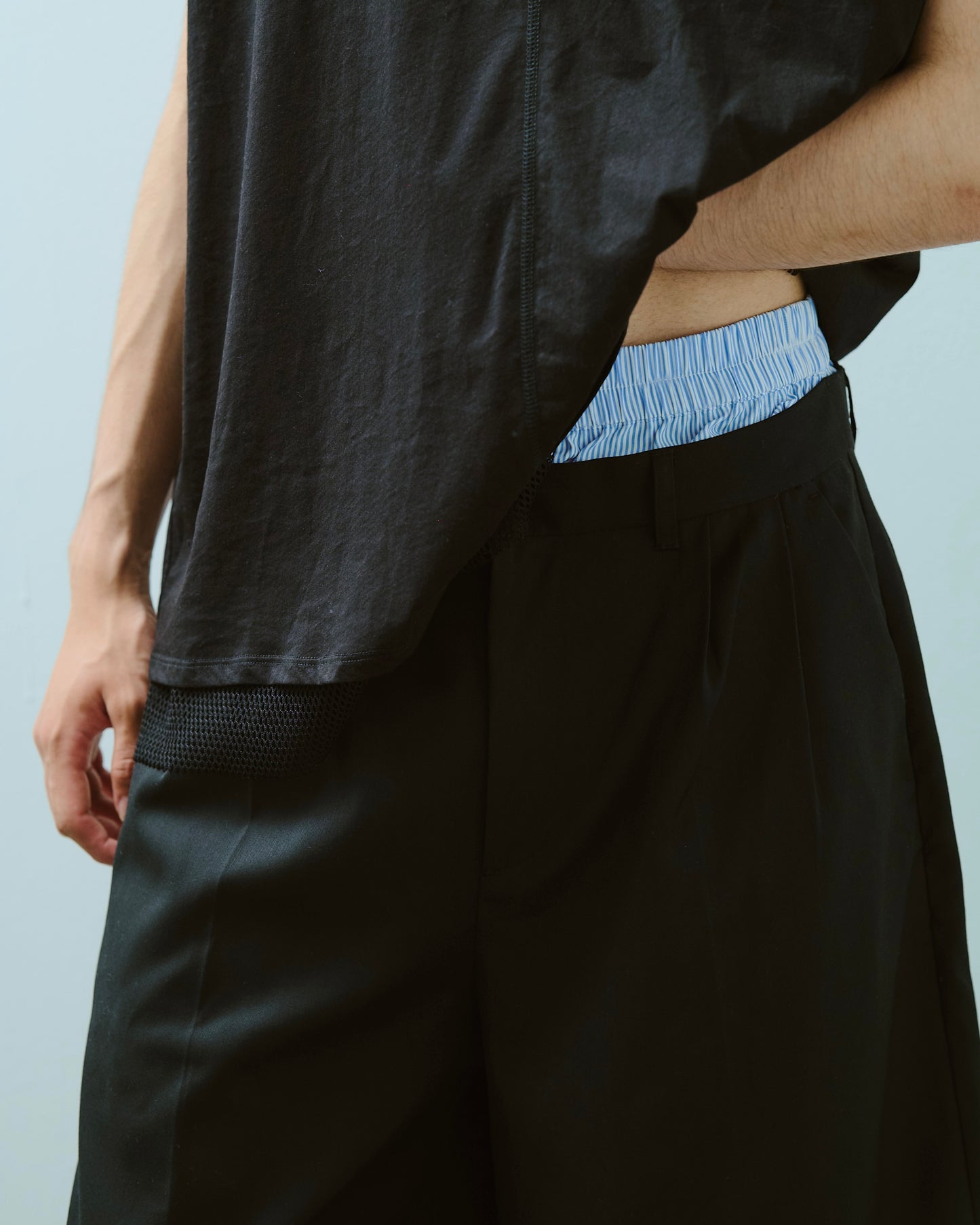 layered boxers wide slacks shorts