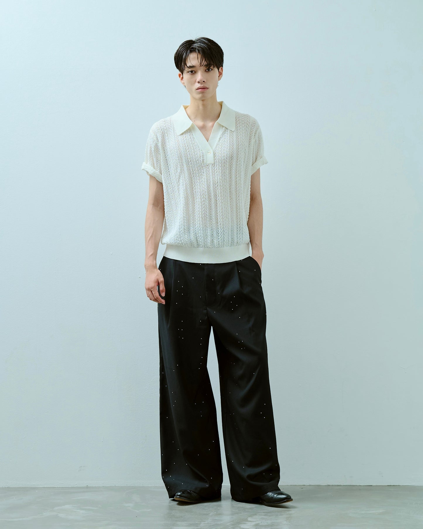 rayon openwork skipper knit shirt